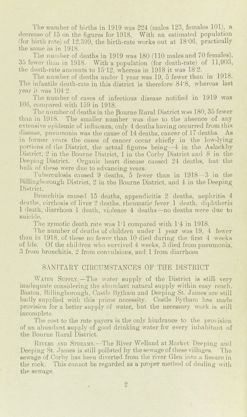 The number of births in 1919 was 224 (males 123, females 101), a decrease of 15 on the figures for 1918. With an estimated population (for birth rate) of 12,399, the birth-rate works out at 18'06, practically the same as in 1918. The number of deaths in 1919 was 180 (110 males and TOfemales), 35 fewer than in 1918. With a population (for death-rate) of 11,903, the death-rate amounts to 15T2, whereas in 1918 it was 18'2. The number of deaths under 1 year was 19, 5 fewer than in 1918. The infantile death-rate in this district is therefore 84‘8, whereas last year it was 104'2. The number of cases of infectious disease notified in 1919 was 106, compared with 159 in 1918. The number of deaths in the Bourne Rural District was 180, 35 fewer than in 19 L8. The smaller number was due to the absence of any extensive epidemic of influenza, only 4 deaths having occurred from this disease, pneumonia was the cause of 14 deaths, cancer of IT deaths. As in former years the cases of cancer occur chiefly in the low-lying portions of the District, the actual figures being—4 in the Aslackby District, 2 in the Bourne District, 1 in the Corby District and 8 in the Deeping District. Organic heart disease caused 24 deaths, but the bulk of these were due to advancing years. Tuberculosis caused 9 deaths, 5 fewer than in 1918—3 in the Billingborough District, 2 in the Bourne District, and 4 in the Deeping District. Bronchitis caused 15 deaths, appendicitis 2 deaths, nephritis 4 deaths, cirrhosis of liver 2 deaths, rheumatic fever 1 death, diphtheria 1 death, diarrhoea 1 death, violence 4 deaths—no deaths were due to suicide. The zymotic death rate was 11 compared with 1'4 in 1918. The number of deaths of children under 1 year was 19, 4 fewer than in 1918. of these no fewer than 10 died during the first 4 weeks of life. Of the children who survived 4 weeks, 3 died from pneumonia, 3 from bronchitis, 2 from convulsions, and 1 from diarrhoea SANITARY CIRCUMSTANCES OF THE DISTRICT Water Supply.—The water supply of the District is still very inadequate considering the abundant natural supply within easy reach. Baston, Billingborough, Castle Bytham and Deeping St. James are still badly supplied with this prime necessity. Castle Bytham has made provision for a better supply of water, but the necessary work is still incomplete. The cost to the rate payers is the only hindrance to the provision of an abundant supply of good drinking water for every inhabitant of the Bourne Rural District. Rivers and Streams.—The River Welland at Market Deeping and Deeping St. James is still polluted by the sewage of these villages. The sewage of Corby has been diverted from the river Glen into a fissure in the rock. This cannot be regarded as a proper method of dealing with the sewage.