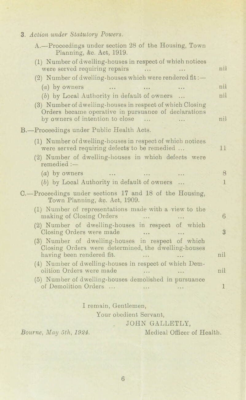 3. Action under Statutory Powers. A.—Proceedings under section 28 of the Housing, Town Planning, &c. Act, 1919. (1) Number of dwelling-houses in respect of which notices were served requiring repairs ... ... nil (2) Number of dwelling-houses which were rendered fit:— (a) by owners ... ... ... nil (b) by Local Authority in default of owners ... nil (3) Number of dwelling-houses in respect of which Closing Orders became operative in pursuance of declarations by owners of intention to close ... ... nil B.—Proceedings under Public Health Acts. (1) Number of dwelling-houses in respect of which notices, were served requiring defects to be remedied ... 11 (2) Number of dwelling-houses in which defects were remedied :— (a) by owners ... ... ... 8 (b) by Local Authority in default of owners ... 1 C.—Proceedings under sections 17 and 18 of the Housing, Town Planning, &c. Act, 1909. (1) Number of representations made with a view to the making of Closing Orders ... ... 6 (2) Number of dwelling-houses in respect of which Closing Orders were made ... ... 3 (3) Number of dwelling-houses in respect of which Closing Orders were determined, the dwelling-houses having been rendered fit. ... ... nil (4) Number of dwelling-houses in respect of which Dem- olition Orders were made ... ... nil (5) Number of dwelling-houses demolished in pursuance of Demolition Orders ... ... ... 1 I remain, Gentlemen, Your obedient Servant, . JOHN GALLETLY, Bourne, May 5th, 1924. Medical Officer of Health.