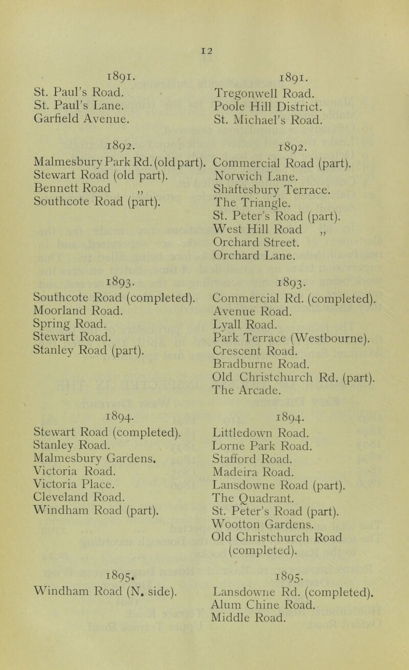 1891. St. Paul’s Road. St. Paul’s Lane. Garfield Avenue. 1892. Malmesbury Park Rd. (old part). Stewart Road (old part). Bennett Road ,, Southcote Road (part). 1893. Southcote Road (completed). Moorland Road. Spring Road. Stewart Road. Stanley Road (part). 1894. Stewart Road (completed). Stanley Road. Malmesbury Gardens. Victoria Road. Victoria Place. Cleveland Road. Windham Road (part). 1895. Windham Road (N. side). 1891. Tregonwell Road. Poole Hill District. St. Michael’s Road. 1892. Commercial Road (part). Norwich Lane. Shaftesbury Terrace. The Triangle. St. Peter’s Road (part). West Hill Road ,, Orchard Street. Orchard Lane. 1893. Commercial Rd. (completed). Avenue Road. Lyall Road. Park Terrace (Westbourne). Crescent Road. Bradburne Road. Old Christchurch Rd. (part). The Arcade. 1894. Littledown Road. Lome Park Road. Stafford Road. Madeira Road. Lansdowne Road (part). The Quadrant. St. Peter’s Road (part). Wootton Gardens. Old Christchurch Road (completed). 1895. Lansdowne Rd. (completed). Alum Chine Road. Middle Road.