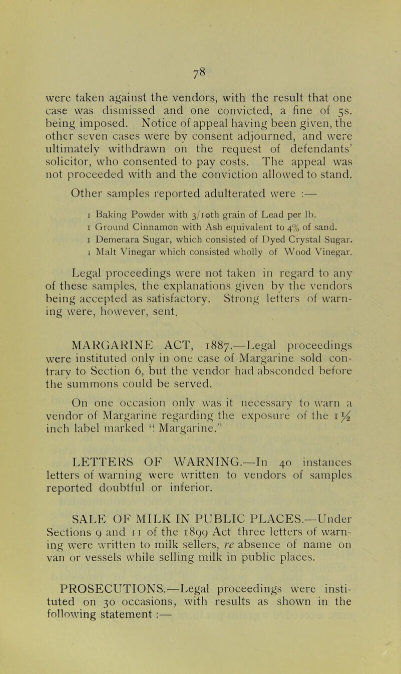 were taken against the vendors, with the result that one case was dismissed and one convicted, a fine of 5s. being imposed. Notice of appeal having been given, the other seven cases were by consent adjourned, and were ultimately withdrawn on the request of defendants’ solicitor, who consented to pay costs. The appeal was not proceeded with and the conviction allowed to stand. Other samples reported adulterated were :— I Baking Powder with 3/ioth grain of Lead per Ih. I Ground Cinnamon with Ash equivalent to 4% of sand. I Demerara Sugar, which consisted of Dyed Crystal Sugar. i Malt Vinegar which consisted wholly of Wood Vinegar. Legal proceedings were not taken in regard to anv of these samples, tlie explanations given by the vendors being accepted as satisfactory. Strong letters of warn- ing were, however, sent. MARGARINE ACT, 1887.— Legal proceedings were instituted only in one case of Margarine sold con- trarv to Section 6, but the vendor had absconded before the summons could be served. On one occasion only was it necessarv to warn a vendor of Margarine regarding the exposure of the lyi inch label marked Margarine.” LETTERS OP WARNING.—In 40 instances letters of warning were written to vendors of samples reported doubtful or inferior. SALE OF MILK IN PUBLIC PLACES.—Under Sections g and i i of the 1899 Act three letters of warn- ing were written to milk sellers, re absence of name on van or vessels while selling milk in public places. PROSECUTIONS.—Legal proceedings were insti- tuted on 30 occasions, with results as shown in the following statement :—