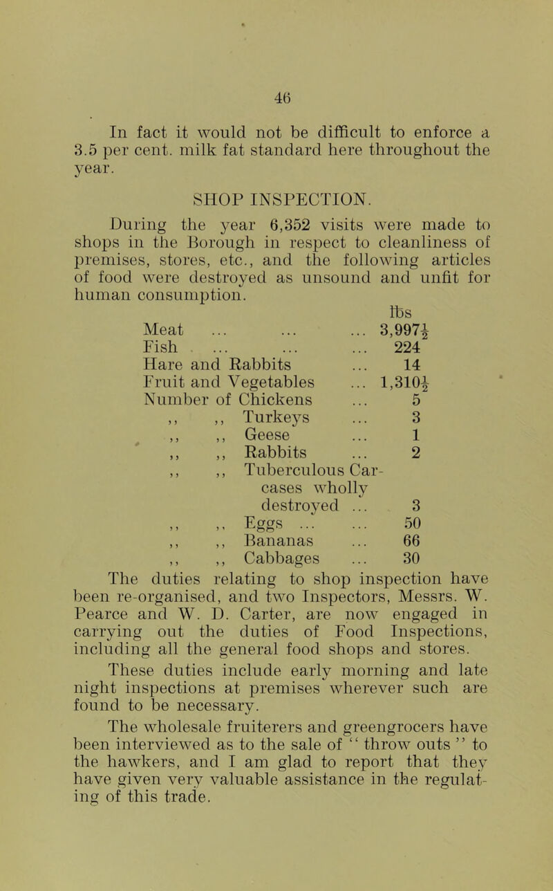 In fact it would not be difficult to enforce a 3.5 per cent, milk fat standard here throughout the year. SHOP INSPECTION. During the year 6,352 visits were made to shops in the Borough in respect to cleanliness of premises, stores, etc., and the following articles of food were destroyed as unsound and unfit for human consumption. lbs Meat 3,997^ Fish . ... 224 Hare and Rabbits 14 Fruit and Vegetables l,310i Number of Chickens 5 ,, ,, Turkeys 3 ,, ,, Geese 1 ,, ,, Rabbits 2 ,, ,, Tuberculous Car - cases wholly destroyed ... 3 Fcras , , , , -1 50 ,, ,, Bananas 66 ,, ,, Cabbages 30 The duties relating to shop inspection have been re-organised, and two Inspectors, Messrs. W. Pearce and W. D. Carter, are now engaged in carrying out the duties of Food Inspections, including all the general food shops and stores. These duties include early morning and late night inspections at premises wherever such are found to be necessary. The wholesale fruiterers and greengrocers have been interviewed as to the sale of “ throw outs ” to the hawkers, and I am glad to report that they have given very valuable assistance in the regulat- ing of this trade.