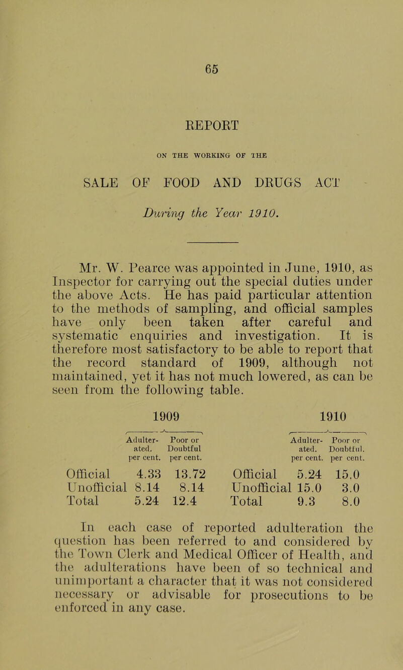 REPORT ON THE WORKING OF THE SALE OF FOOD AND DRUGS ACT During the Year 1910. Mr. W. Pearce was appointed in June, 1910, as Inspector for carrying out the special duties under the above Acts. He has paid particular attention to the methods of sampling, and official samples have only been taken after careful and systematic enquiries and investigation. It is therefore most satisfactory to be able to report that the record standard of 1909, although not maintained, yet it has not much lowered, as can be seen from the following table. 1909 1910 Adulter- Poor or Adulter- Poor or ated. Doubtful ated. Doubtful. per cent. per cent. per cent. per cent. OlTicial 4.33 13.72 Official 5.24 15.0 Unofficial 8.14 8.14 Unofficial 15.0 3.0 Total 5.24 12.4 Total 9.3 8.0 In each case of reported adulteration the (luestion has been referred to and considered by the Town Clerk and Medical Officer of Health, and the adulterations have been of so technical and unimportant a character that it was not considered necessary or advisable for prosecutions to be enforced in any case.