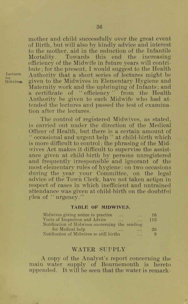 Lectures for Midwives. mother and child successfully over the great event of Birth, but will also by kindly advice and interest to the mother, aid in the reduction of the Infantile Mortality. Towards this end the increasing efficiency of the Midwife in future years will contri- bute ; for the present, I would suggest to the Health Authority that a short series of lectures might be given to the Mid wives in Elementary Hygiene and Maternity work and the upbringing of Infants; and a certificate of “efficiency” from the Health Authority he given to each Midwife who had at- tended the lectures and ])assed the test of examina- tion after the lectures. The control of registered Midwives, as stated, is carried out under the direction of the Medical Officer of Health, but there is a certain amount of “ occasional and urgent help ” at child-birth which is more difficult to control; the phrasing of the Mid- wives Act makes it difficult to supervise the assist- ance given at child-birth by persons unregistered and frequently irresponsible and ignorant of the most elementarv rules of hvsriene: on two occasions t/ •. -.j (luring the year your Committee, on the legal advice of the Town Clerk, have not taken actipn in respect of cases in which inefficient and untrained attendance was given at child-birth on the doubtful plea of “ urgency.” TABLE OF MIDW1VE5. Midwives giving notice to practice ... ... 16 Visits of Inspection and Advice ... ... 116 Notification of IMidwives concerning the sending for Medical help ... ... ... 23 Notification of Midwives re still births ... 9 WATER SUPPLY A copy of the Analyst’s report concerning the main water supply of Bournemouth is hereto appended. It will lie seen that the water is remark-