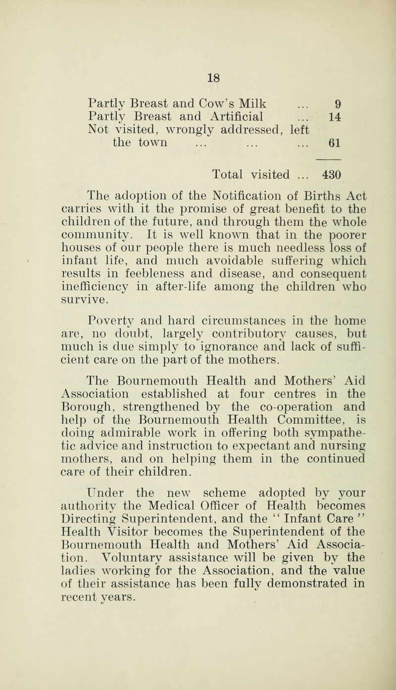 Partly Breast and Cow’s Milk Partly Breast and Artificial Not visited, wrongly addressed, left 9 14 the town 61 Total visited ... 430 The adoption of the Notification of Births Act carries with it the promise of great benefit to the children of the future, and through them the whole community. It is well known that in the poorer houses of our people there is much needless loss of infant life, and much avoidable suffering which results in feebleness and disease, and consequent inefficiency in after-life among the children who survive. Poverty and hard circumstances in the home are, no doubt, largely contributory causes, but much is due simply to ignorance and lack of suffi- cient care on the part of the mothers. The Bournemouth Health and Mothers’ Aid Association established at four centres in the Borough, strengthened by the co-operation and help of the Bournemouth Health Committee, is doing admirable work in offering both sympathe- tic advice and instruction to expectant and nursing mothers, and on helping them in the continued care of their children. Under the new scheme adopted by your authority the Medical Officer of Health becomes Directing Superintendent, and the “ Infant Care ” Health Visitor becomes the Superintendent of the Bournemouth Health and Mothers’ Aid Associa- tion. Voluntary assistance will be given by the ladies working for the Association, and the value of their assistance has been fully demonstrated in recent years.