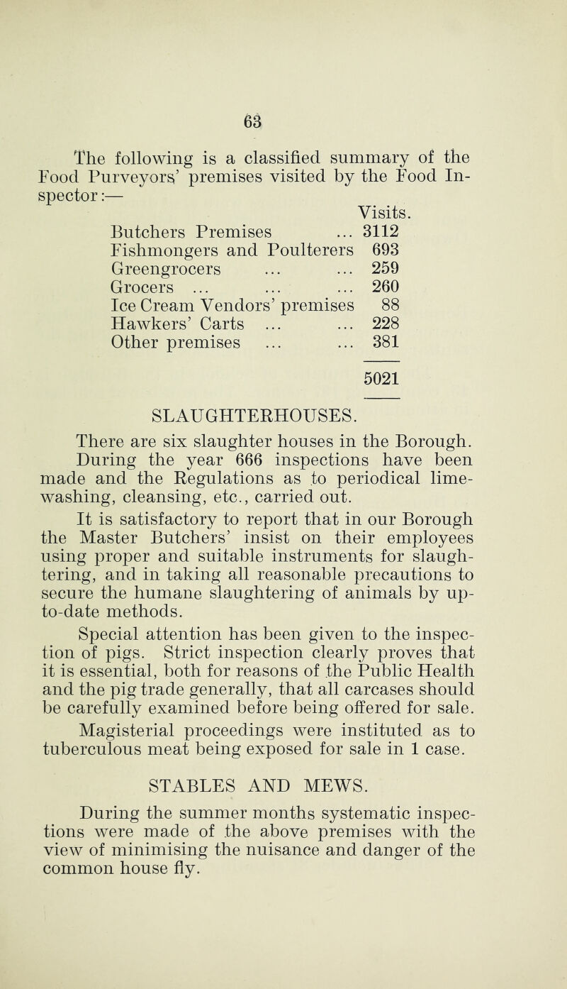 The following is a classified summary of the Food Purveyors’ premises visited by the Food In- spector :— Visits. Butchers Premises ... 3112 Fishmongers and Poulterers 693 Greengrocers ... ... 259 Grocers ... ... ... 260 Ice Cream Vendors’ premises 88 Hawkers’ Carts ... ... 228 Other premises ... ... 381 5021 SLAUGHTERHOUSES. There are six slaughter houses in the Borough. During the year 666 inspections have been made and the Regulations as to periodical lime- washing, cleansing, etc., carried out. It is satisfactory to report that in our Borough the Master Butchers’ insist on their employees using proper and suitable instruments for slaugh- tering, and in taking all reasonable precautions to secure the humane slaughtering of animals by up- to-date methods. Special attention has been given to the inspec- tion of pigs. Strict inspection clearly proves that it is essential, both for reasons of the Public Health and the pig trade generally, that all carcases should be carefully examined before being offered for sale. Magisterial proceedings were instituted as to tuberculous meat being exposed for sale in 1 case. STABLES AND MEWS. During the summer months systematic inspec- tions were made of .the above premises with the view of minimising the nuisance and danger of the common house fly.