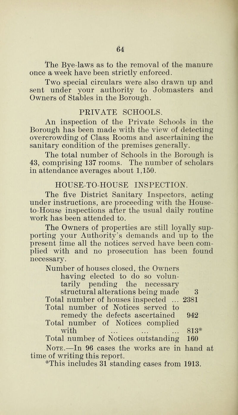 The Bye-laws as to the removal of the manure once a week have been strictly enforced. Two special circulars were also drawn up and sent under your authority to Jobmasters and Owners of Stables in the Borough. PRIVATE SCHOOLS. An inspection of the Private Schools in the Borough has been made with the view of detecting overcrowding of Class Rooms and ascertaining the sanitary condition of the premises generally. The total number of Schools in the Borough is 43, comprising 137 rooms. The number of scholars in attendance averages about 1,150. HOUSE-TO-HOUSE INSPECTION. The five District Sanitary Inspectors, acting under instructions, are proceeding with the House- to-House inspections after the usual daily routine work has been attended to. The Owners of properties are still loyally sup- porting your Authority’s demands and up to the present time all the notices served have been com- plied with and no prosecution has been found necessary. Number of houses closed, the Owners having elected to do so volun- tarily pending the necessary structural alterations being made 3 Total number of houses inspected ... 2381 Total number of Notices served to remedy the defects ascertained 942 Total number of Notices complied with ... ... ... 813^ Total number of Notices outstanding 160 Note.—In 96 cases the works are in hand at time of writing this report. *This includes 31 standing cases from 1913.