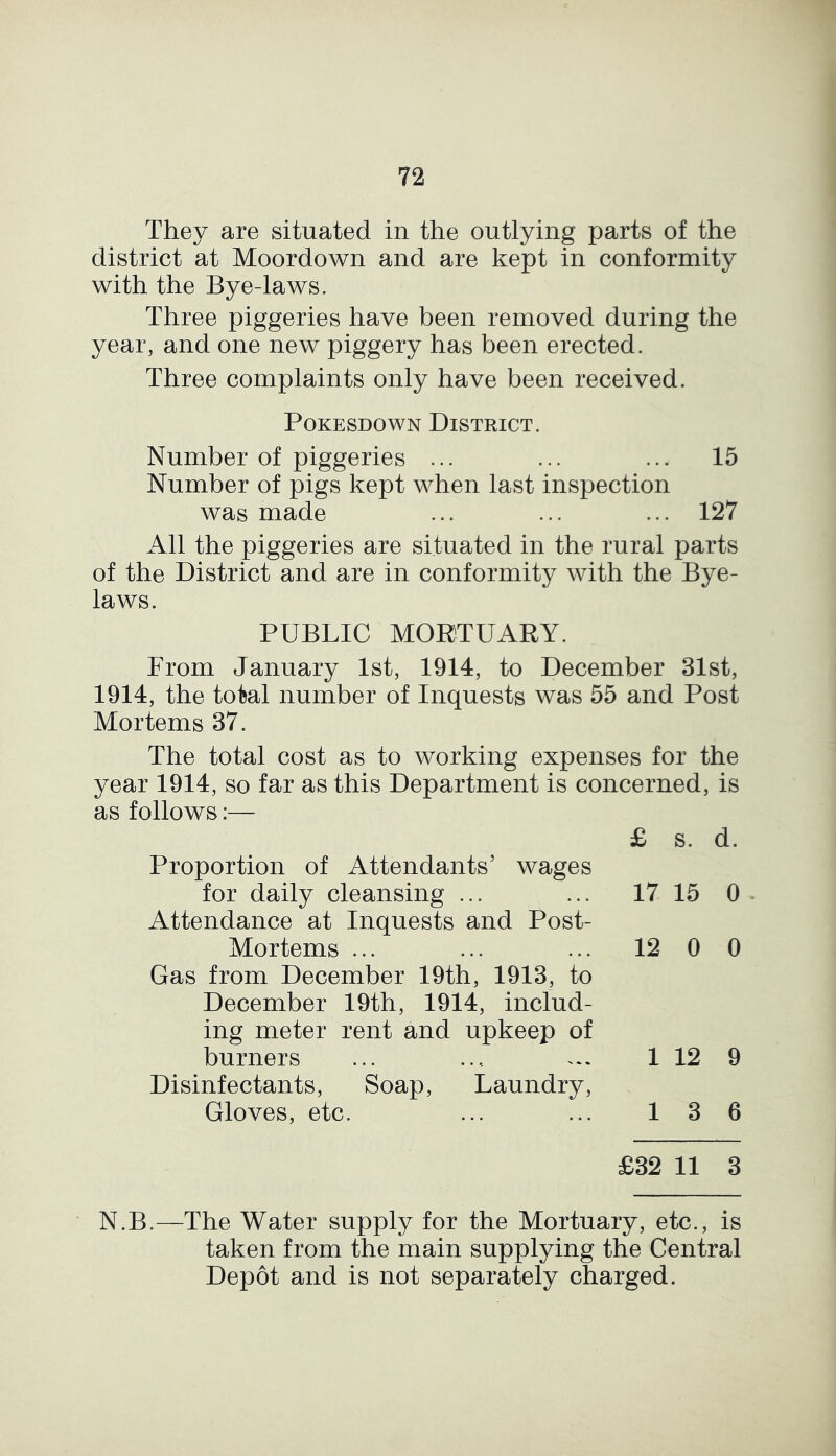They are situated in the outlying parts of the district at Moordown and are kept in conformity with the Bye-laws. Three piggeries have been removed during the year, and one new piggery has been erected. Three complaints only have been received. Pokesdown District. Number of piggeries ... ... ... 15 Number of pigs kept when last inspection was made ... ... ... 127 All the piggeries are situated in the rural parts of the District and are in conformity with the Bye- laws. PUBLIC MORTUARY. From January 1st, 1914, to December 31st, 1914, the total number of Inquests was 55 and Post Mortems 37. The total cost as to working expenses for the year 1914, so far as this Department is concerned, is as follows:— Proportion of Attendants5 wages for daily cleansing ... Attendance at Inquests and Post- Mortems ... Gas from December 19th, 1913, to December 19th, 1914, includ- ing meter rent and upkeep of burners Disinfectants, Soap, Laundry, Gloves, etc. £ s. d. 17 15 0 12 0 0 1 12 9 13 6 £32 11 3 N.B.—The Water supply for the Mortuary, etc., is taken from the main supplying the Central Depot and is not separately charged.