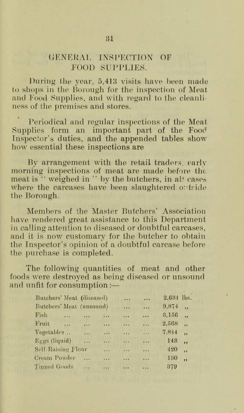 ni (; i<:N i< R A1. 1Ns 1 ’KcrrioN of FOOD SL’DP]AE8. Diniiiu the ^'car, 5,4F^ visits have ))ee]i made !() shi)|)s in the Horoiigh for tht' inspection of Meat and l-'ood Su])plies, and with regard to tlie cleanli- ness of the premises and stores. 0 Periodical and regular inspections of the Meat Supplies form an iinpo]-tant part of the Food Inspector’s duties, and the appended tables show how essential these inspections are By arrangement with the retail traders, early morning inspections of meat are made befoie the meat is “ weighed in ” by the butchers, in al' cases where the carcases have been slaughtered ortridi^ the Borough. Members of the Master Butchers’ Association liave rendered great assistance to this Department in calling attention to diseased or doubtful carcases, and it is now customary for the butcher to obtain the Inspector’s opinion of a doubtful carcase before the purchase is completed. The following quantities of meat and other foods were destroyed as being and unfit for consumption:— diseased or unsound Ikuehers’ .Meat ((liseased) • • • • 2,634 lbs. Iiutchers’ Meat (unsound) • •.. 9,874 „ Fish • . • • 3,156 „ Fruit 2,568 „ Vegetables .. 7,814 „ Kegs (liquid) 148 „ Self-ltaising plour 420 „ Cream Powder 130 „ Tinned Coods • • • • ■ 379