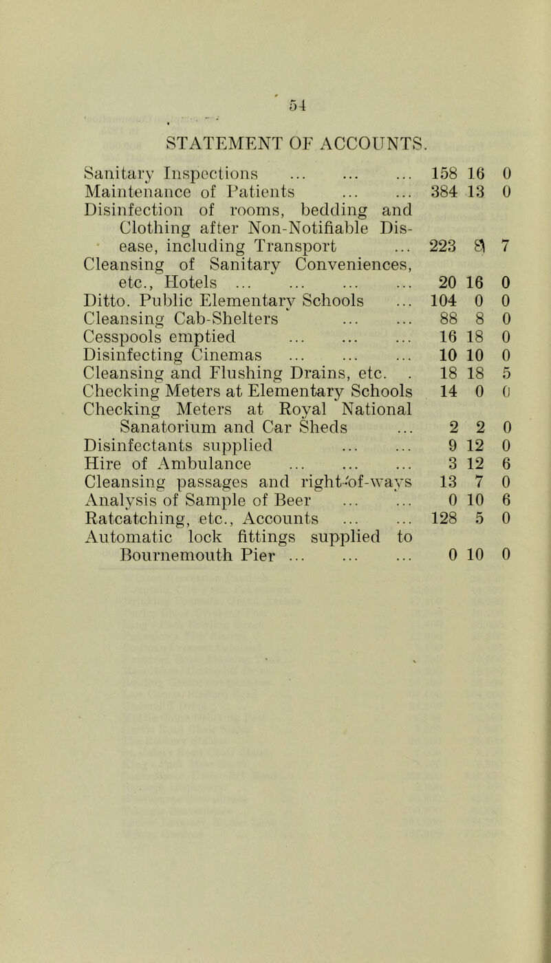 STATEMENT OF ACCOUNTS. Sanitary Inspections 158 16 0 Maintenance of Patients 384 13 0 Disinfection of rooms, bedding and Clothing after Non-Notifiable Dis- ease, including Transport 223 9 7 Cleansing of Sanitary Conveniences, etc., Hotels ... 20 16 0 Ditto. Public Elementary Schools 104 0 0 Cleansing Cab-Shelters 88 8 0 Cesspools emptied 16 18 0 Disinfecting Cinemas 10 10 0 Cleansing and Flushing Drains, etc. 18 18 5 Checking Meters at Elementary Schools 14 0 0 Checking Meters at Royal National Sanatorium and Car Sheds 2 2 0 Disinfectants supplied 9 12 0 Hire of Ambulance 3 12 6 Cleansing passages and right-of-ways 13 7 0 Analysis of Sample of Beer 0 10 6 Ratcatching, etc., Accounts 128 5 0 Automatic lock fittings supplied to Bournemouth Pier 0 10 0