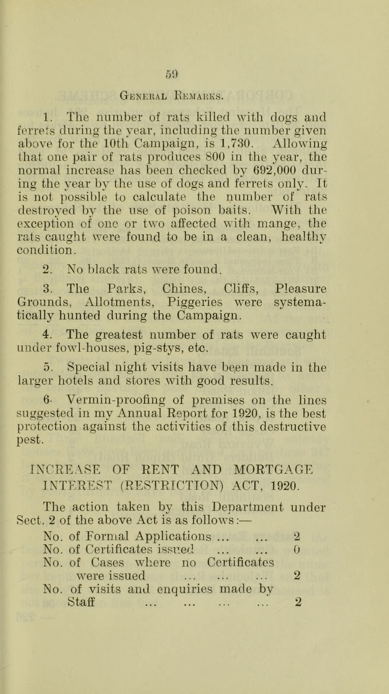 General Kemarks. 1. The number of rats killed with dogs and ferrets during the year, including the number given above for the 10th Campaign, is 1,730. Allowing that one pair of rats produces 800 in the year, the normal increase has been checked by 692,000 dur- ing the year by the use of dogs and ferrets only. It is not possible to calculate the number of rats destroyed by the use of poison baits. With the exception of one or two affected with mange, the rats caught were found to be in a clean, healthy condition. 2. No black rats were found. 3. The Parks, Chines, Cliffs, Pleasure Grounds, Allotments, Piggeries were systema- tically hunted during the Campaign. 4. The greatest number of rats were caught under fowl-houses, pig-stys, etc. 5. Special night visits have be,en made in the larger hotels and stores with good results. 6- Vermin-proofing of premises on the lines suggested in my Annual Report for 1920, is the best protection against the activities of this destructive pest. INCREASE OF RENT AND MORTGAGE INTEREST (RESTRICTION) ACT, 1920. The action taken by this Department under Sect. 2 of the above Act is as follows:— No. of Formal Applications 2 No. of Certificates issued 0 No. of Cases where no Certificates were issued ... 2 No. of visits and enquiries made by Staff 2