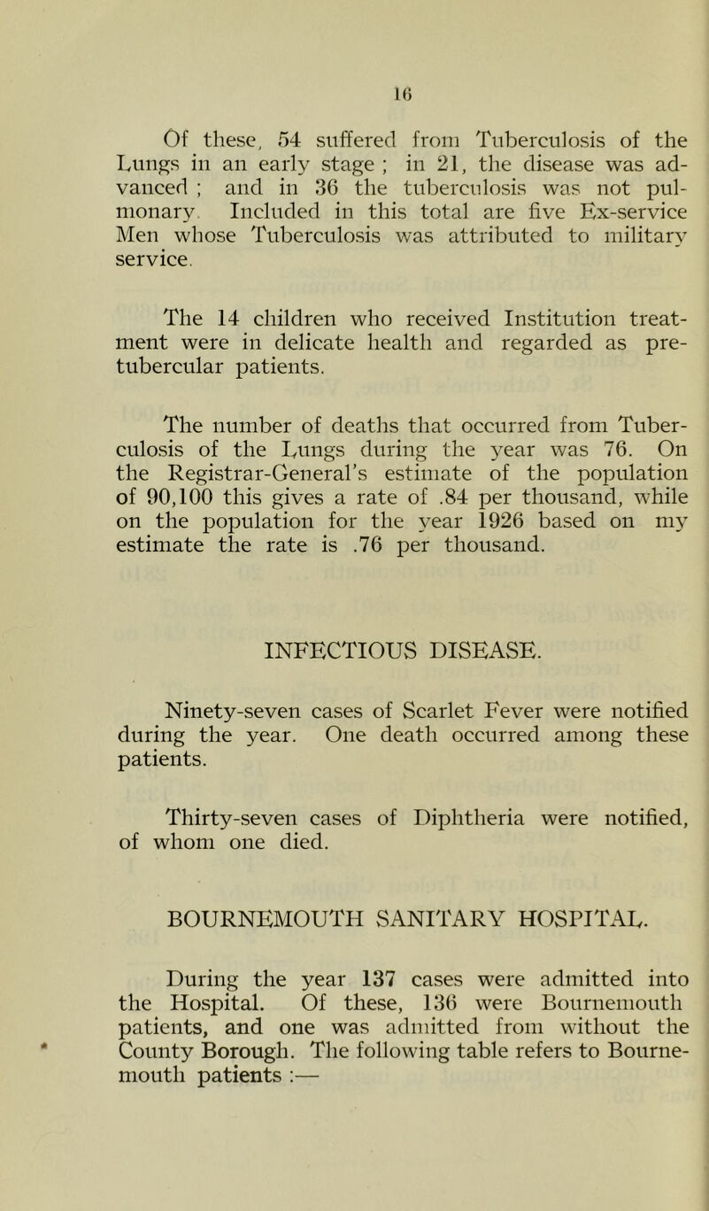 Of these, 54 suffered from Tuberculosis of the Tuugs ill an early stage ; in 21, the disease was ad- vanced ; and in 36 the tuberculosis was not pul- monary Included in this total are five Ex-service Men whose Tuberculosis was attributed to military service. The 14 children who received Institution treat- ment were in delicate health and regarded as pre- tubercular patients. The number of deaths that occurred from Tuber- culosis of the Eungs during the year was 76. On the Registrar-General’s estimate of the population of 90,100 this gives a rate of .84 per thousand, while on the population for the year 1926 based on my estimate the rate is .76 per thousand. INFECTIOUS DISEASE. Ninety-seven cases of Scarlet Fever were notified during the year. One death occurred among these patients. Thirty-seven cases of Diphtheria were notified, of whom one died. BOURNEMOUTH SANITARY HOSPITAU. During the year 137 cases were admitted into the Hospital. Of these, 136 were Bournemouth patients, and one was admitted from without the County Borough. The following table refers to Bourne- mouth patients :—
