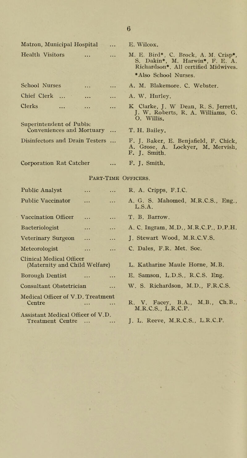 Matron, Municipal Hospital Health Visitors School Nurses Chief Clerk ... Clerks Superintendent of Public Conveniences and Mortuary ... Disinfectors and Drain Testers ... Corporation Rat Catcher Public Analyst Public Vaccinator Vaccination Officer Bacteriologist Veterinary Surgeon Meteorologist Clinical Medical Officer (Maternity and Child Welfare) Borough Dentist Consultant Obstetrician Medical Officer of V.D. Treatment Centre Assistant Medical Officer of V.D. Treatment Centre H. Wilcox. M. E. Bird*, C. Brock, A. M. Crisp*, S. Dakin*, M. Harwin*, P'. E. A. Richardson*. All certified Midwives. *Also School Nurses. A. M. Blakemore. C. Webster. A. W. Hurley. K Clarke, J. W Dean, R. S. Jerrett, J. W. Roberts, R. A. Williams, G. O. Willis. T. H. Bailey. P'. J. Baker, E. Benjafield, F. Chick, A. Grose, A. Lockyer, M. Mervish, F, J. Smith. F. J. Smith. L. Katharine Maule Home, M.B. E. Samson, E.D.S., R.C.S. Eng. W. S. Richardson, M.D., F.R.C.S. R. V. Facey, B.A., M.B., Ch.B., M.R.C.S., E.R.C.P. J. L. Reeve, M.R.C.S., L.R.C.P. Part-Time Officers. R. A. Cripps, F.I.C. A. G. S. Mahomed. M.R.C.S., Eng., L.S.A. T. B. Barrow. A. C. Ingram, M.D., M.R.C.P., D.P.H. J. Stewart Wood, M.R.C.V.S. C. Dales, F.R. Met. Soc.