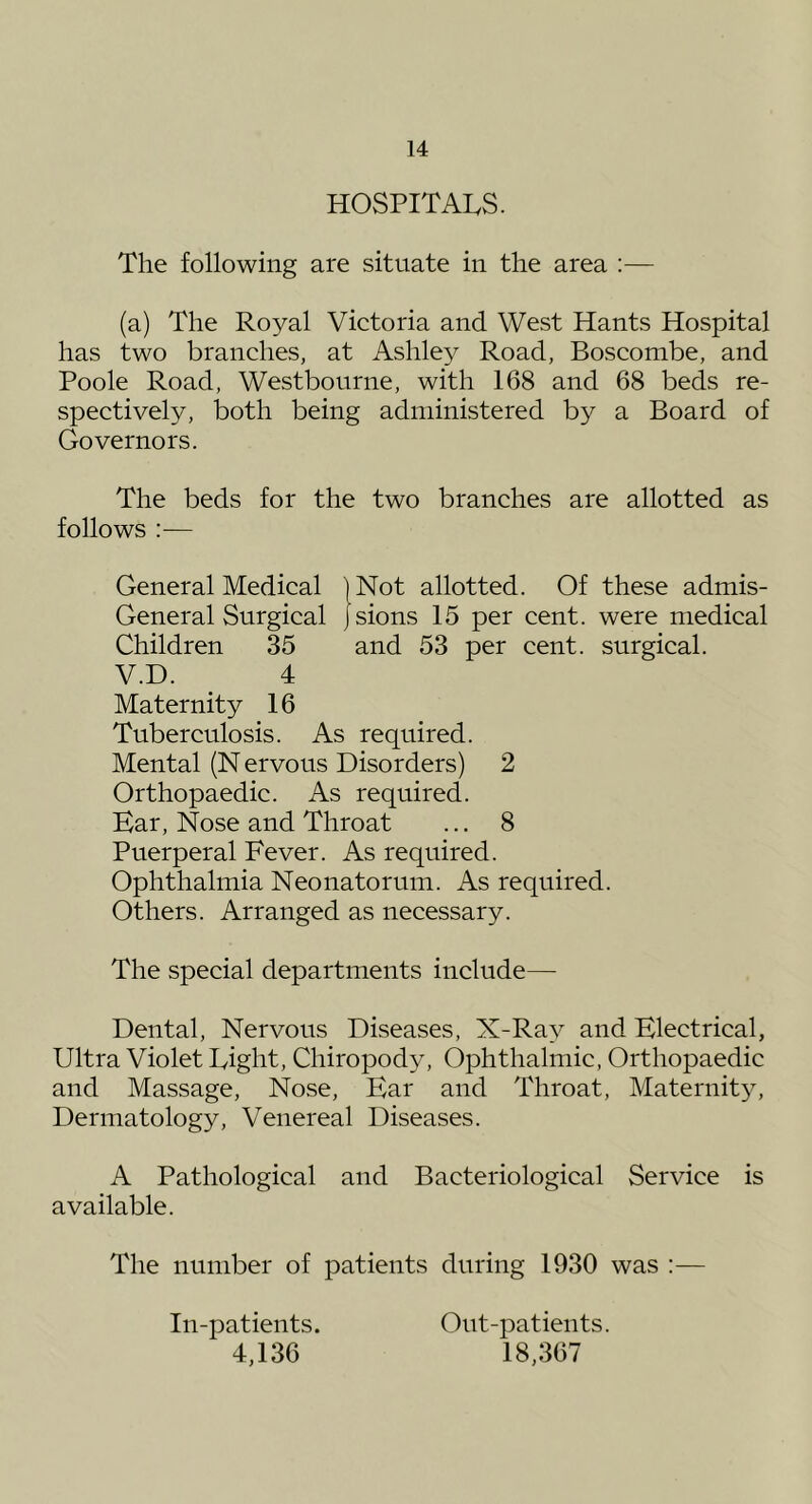 HOSPITALS. The following are situate in the area :— (a) The Royal Victoria and West Hants Hospital has two branches, at Ashley Road, Boscombe, and Poole Road, Westbourne, with 168 and 68 beds re- spectively, both being administered by a Board of Governors. The beds for the two branches are allotted as follows :— General Medical |Not allotted. Of these admis- General Surgical jsions 15 per cent, were medical Children 35 and 53 per cent, surgical. V.D. 4 Maternity 16 Tuberculosis. As required. Mental (N ervous Disorders) 2 Orthopaedic. As required. Ear, Nose and Throat ... 8 Puerperal Fever. As required. Ophthalmia Neonatorum. As required. Others. Arranged as necessary. The special departments include— Dental, Nervous Diseases, X-Ray and Electrical, Ultra Violet Light, Chiropody, Ophthalmic, Orthopaedic and Massage, Nose, Ear and Throat, Maternity, Dermatology, Venereal Diseases. A Pathological and Bacteriological Service is available. The number of patients during 1930 was :— In-patients. 4,136 Out-patients. 18,367