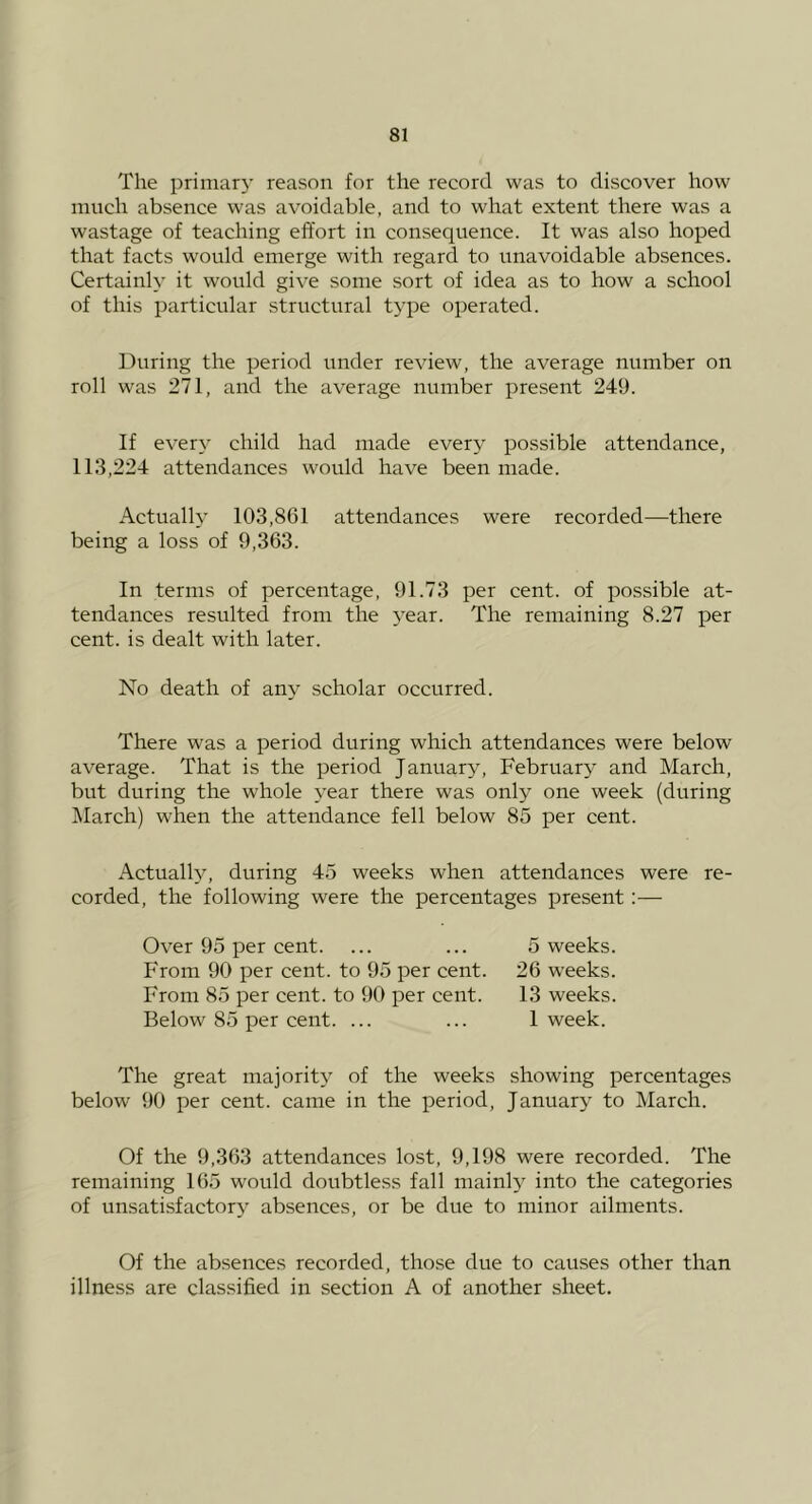 The priniar}' reason for the record was to discover how much absence was avoidable, and to what extent there was a wastage of teaching effort in consequence. It was also hoped that facts would emerge with regard to unavoidable absences. Certainly it would give some sort of idea as to how a school of this particular structural type operated. During the period under review, the average number on roll was 271, and the average number present 249. If every child had made every possible attendance, 113,224 attendances would have been made. Actually 103,861 attendances were recorded—there being a loss of 9,363. In terms of percentage, 91.73 per cent, of possible at- tendances resulted from the 5'ear. The remaining 8.27 per cent, is dealt with later. No death of any scholar occurred. There was a period during which attendances were below average. That is the period January, February and March, but during the whole year there was only one week (during March) when the attendance fell below 85 per cent. Actually, during 45 weeks when attendances were re- corded, the following were the percentages present:— Over 95 per cent. ... ... 5 weeks. From 90 per cent, to 95 per cent. 26 weeks. From 85 per cent, to 90 per cent. 13 weeks. Below 85 per cent. ... ... 1 week. The great majority of the weeks showing percentages below 90 per cent, came in the period, January to March. Of the 9,363 attendances lost, 9,198 were recorded. The remaining 165 would doubtless fall mainly into the categories of unsatisfactory absences, or be due to minor ailments. Of the absences recorded, those due to causes other than illness are classified in section A of another sheet.