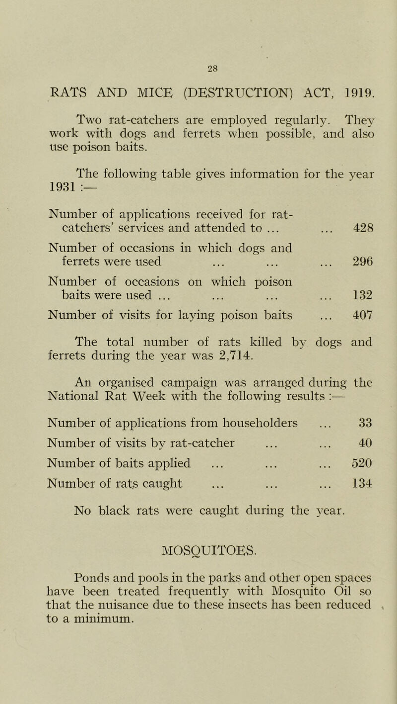 RATS AND MICE (DESTRUCTION) ACT, 1919. Two rat-catchers are employed regularly. They work with dogs and ferrets when possible, and also use poison baits. The following table gives information for the year 1931 Number of applications received for rat- catchers’ services and attended to ... ... 428 Number of occasions in which dogs and ferrets were used ... ... ... 296 Number of occasions on which poison baits were used ... ... ... ... 132 Number of visits for laying poison baits ... 407 The total number of rats killed by dogs and ferrets during the year was 2,714. An organised campaign was arranged during the National Rat Week with the following results :— Number of applications from householders ... 33 Number of visits by rat-catcher ... ... 40 Number of baits applied ... ... ... 520 Number of rats caught ... ... ... 134 No black rats were caught during the year. MOSQUITOES. Ponds and pools in the parks and other open spaces have been treated frequentl} with Mosquito Oil so that the nuisance due to these insects has been reduced , to a minimum.