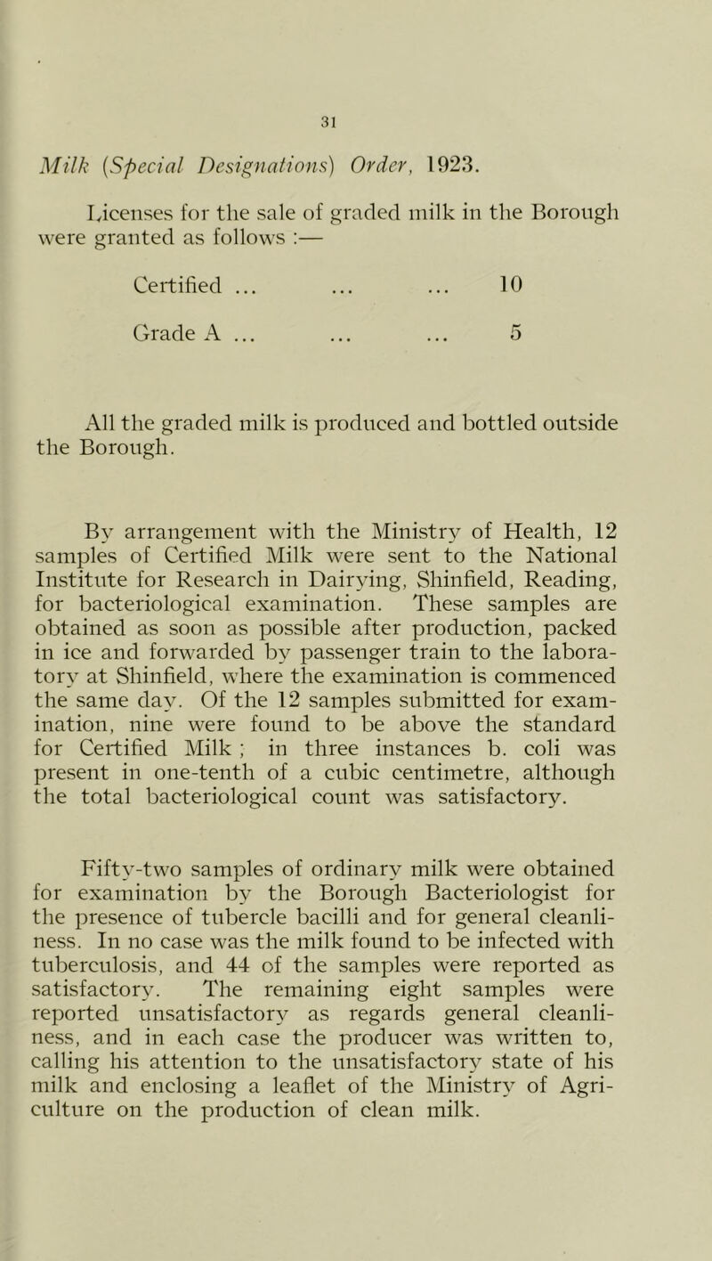 Milk {Special Designations) Order, 1923. Licenses for the sale of graded milk in the Borough were granted as follows :— Certified ... ... ... 10 Grade A ... ... ... 5 All the graded milk is produced and bottled outside the Borough. By arrangement with the Ministry of Health, 12 samples of Certified Milk were sent to the National Institute for Research in Dairying, Shinfield, Reading, for bacteriological examination. These samples are obtained as soon as possible after production, packed in ice and forwarded by passenger train to the labora- tory at Shinfield, where the examination is commenced the same day. Of the 12 samples submitted for exam- ination, nine were found to be above the standard for Certified Milk ; in three instances b. coli was present in one-tenth of a cubic centimetre, although the total bacteriological count was satisfactory. Fifty-two samples of ordinary milk were obtained for examination by the Borough Bacteriologist for the presence of tubercle bacilli and for general cleanli- ness. In no case was the milk found to be infected with tuberculosis, and 44 of the samples were reported as satisfactory. The remaining eight samples were reported unsatisfactory as regards general cleanli- ness, and in each case the producer was written to, calling his attention to the unsatisfactory state of his milk and enclosing a leaflet of the Ministry of Agri- culture on the production of clean milk.