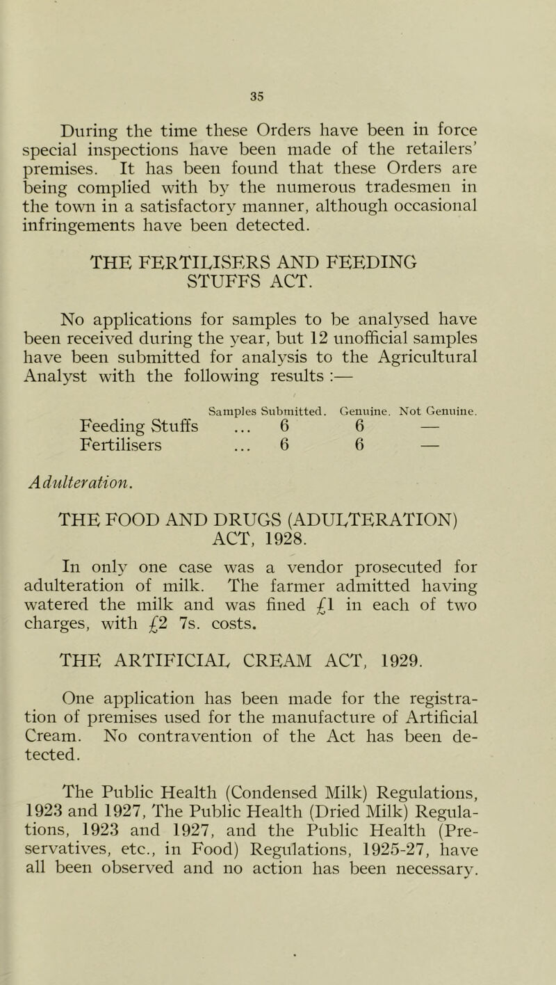During the time these Orders have been in force special inspections have been made of the retailers’ premises. It has been found that these Orders are being complied with by the numerous tradesmen in the town in a satisfactory manner, although occasional infringements have been detected. THE FERTILISERS AND FEEDING STUFFS ACT. No applications for samples to be analysed have been received during the year, but 12 unofficial samples have been submitted for analysis to the Agricultural Analyst with the following results :— Samples Submitted. Genuine. Not Genuine. Feeding Stuffs ... 6 6 — Fertilisers ... 6 6 — Adulteration. THE FOOD AND DRUGS (ADULTERATION) ACT, 1928. In only one case was a vendor prosecuted for adulteration of milk. The farmer admitted having watered the milk and was fined in each of two charges, with £2 7s. costs. THE ARTIFICIAL CREAM ACT, 1929. One application has been made for the registra- tion of premises used for the manufacture of Artificial Cream. No contravention of the Act has been de- tected. The Public Health (Condensed Milk) Regulations, 1923 and 1927, The Public Health (Dried Milk) Regula- tions, 1923 and 1927, and the Public Health (Pre- servatives, etc., in Food) Regulations, 1925-27, have all been observed and no action has been necessary.