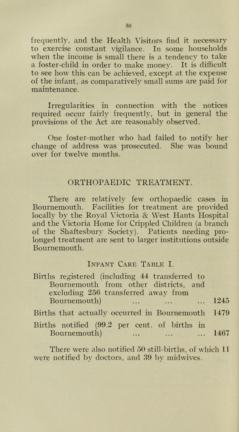 frequently, and the Health Visitors find it necessary to exercise constant vigilance. In some households when the income is small there is a tendency to take a foster-child in order to make money. It is difficult to see how this can be achieved, except at the expense of the infant, as comparatively small sums are paid for maintenance. Irregularities in connection with the notices required occur fairl}^ frequently, but in general the provisions of the Act are reasonably observed. One foster-mother who had failed to notify her change of address was prosecuted. She was bound over for twelve months. ORTHOPAEDIC TREATMENT. There are relatively few orthopaedic cases in Bournemouth. Facilities for treatment are provided locally by the Royal Victoria & West Hants Hospital and the Victoria Home for Crippled Children (a branch of the Shaftesbury Society). Patients needing pro- longed treatment are sent to larger institutions outside Bournemouth. Infant Care Tabee I. Births registered (including 44 transferred to Bournemouth from other districts, and excluding 256 transferred awa} from Bournemouth) ... ... ... 1245 Births that actually occurred in Bournemouth 1479 Births notified (99.2 per cent, of births in Bournemouth) ... ... ... 1467 Tliere were also notified 50 still-births, of which 11 were notified by doctors, and .49 by midwives.