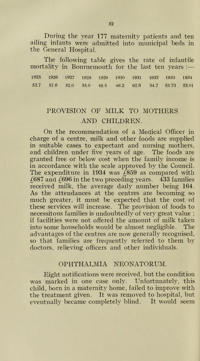 During the ^’’ear 177 maternity patients and ten ailing infants were admitted into municipal beds in the General Hospital. The following table gives the rate of infantile mortality in Bournemouth for the last ten years :— 1925 1926 1927 1928 1929 1930 1931 1932 1933 1934 52.7 57.6 52.0 55.0 46.5 46.2 62.6 54.7 53.73 53.01 PROVISION OF MIRK TO MOTHERS AND CHILDREN. On the recommendation of a Medical Officer in charge of a centre, milk and other foods are supplied in suitable cases to expectant and nursing mothers, and children under five years of age. The foods are granted free or below cost when the family income is in accordance with the scale approved by the Council. The expenditure in 1934 was £859 as compared with £687 and £696 in the two preceding years. 433 families received milk, the average daily number being 164. As the attendances at the centres are becoming so much greater, it must be expected that the cost of these services will increase. The provision of foods to necessitous families is undoubted^ of very great value ; if facilities were not offered the amount of milk taken into some households would be almost negligible. The advantages of the centres are now generally recognised, so that families are frequently referred to them by doctors, relieving officers and other individuals. OPHTHALMIA NEONATORUM. Eight notifications were received, but the condition was marked in one case only. Unfortunately, this child, born in a maternity home, failed to improve with the treatment given. It was removed to hospital, but eventually became completely blind. It would seem