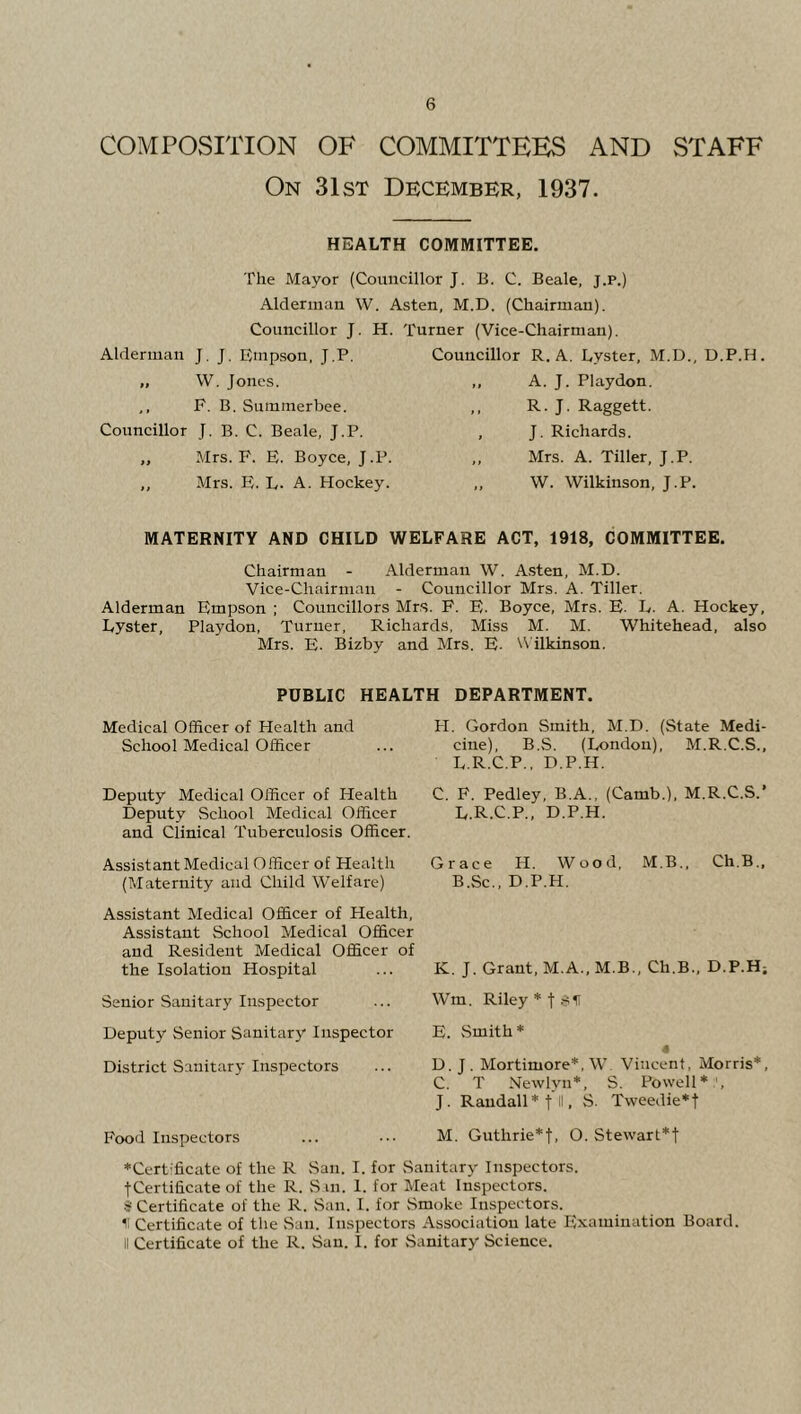 COMPOSITION OF COMMITTEES AND STAFF On 31st December, 1937. HEALTH COMMITTEE. The Mayor (Councillor J. B. C. Beale, J.P.) Alderman W. Asten, M.D. (Chairman). Councillor J. H. Turner (Vice-Chairman). Alderman J. J. Emp.son, J.P. Councillor R. A. Lyster, M.D., D.P.H „ W. Jones. ,, A. J. Playdon. P. B. Summerbee. ,, R. J. Raggett. Councillor J. B. C. Beale, J.P. , J. Richards. „ Mrs. P. E. Boyce, J.P. ,, Mrs. A. Tiller, J.P. „ Mrs. E. L. A. Hockey. W. Wilkinson, J.P. MATERNITY AND CHILD WELFARE ACT, 1918, COMMITTEE. Chairman - Alderman W. Asten, M.D. Vice-Chairman - Councillor Mrs. A. Tiller. Alderman Empson ; Councillors Mrs. P. E. Boyce, Mrs. E. L. A. Hockey, Lyster, Playdon, Turner, Richards, Miss M. M. Whitehead, also Mrs. E. Bizby and Mrs. E- ilkinson. PUBLIC HEALTH DEPARTMENT. Medical Officer of Health and School Medical Officer Deputy Medical Officer of Health Deputy School Medical Officer and Clinical Tuberculosis Officer. Assistant Medical Officer of Health (Maternity and Child Welfare) Assistant Medical Officer of Health, Assistant School Medical Officer and Resident Medical Officer of the Isolation Hospital Senior Sanitary Inspector Deputy Senior Sanitary Inspector District Sanitary Inspectors Pood Inspectors PI. Gordon Smith, M.D. (State Medi- cine), B.S. (London), M.R.C.S., L.R.C.P., D.P.H. C. P. Pedley, B.A., (Camb.), M.R.C.S.' L.R.C.P., D.P.H. Grace H. Wood, M.B., Ch.B., B.Sc., D.P.H. K. J. Grant, M.A., M.B., Ch.B., D.P.H; Wm. Riley E. Smith * J D. J. Mortimore*, W Vi’acent, Morris*, C. T Newlyn*, S. Powell*', J. Randall* til. i’- Tweedie*t M. Guthrie*t, O. Stewart*t *Certfficate of the R San. I. for Sanitary Inspectors. tCertificate of the R. Sin. 1. for Meat Inspectors. » Certificate of the R. San. I. for .Smoke Inspectors. II Certificate of the .San. Inspectors Association late Examination Board. II Certificate of the R. San. I. for Sanitary Science.