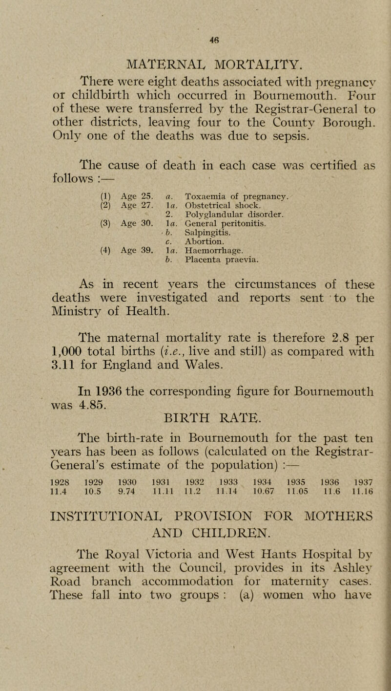 MATERNAI, MORTALITY. There were eight deaths associated with pregnancy or childbirth which occurred in Bournemouth. Four of these were transferred by the Registrar-General to other districts, leaving four to the County Borough. Onh^ one of the deaths was due to sepsis. The cause of death in each case was certified as follows :— (1) Age 25. a. Toxaemia of pregnancy. (2) Age 27. ^a. Obstetrical shock. 2. Polyglandular disorder. (3) Age 30. \a. General peritonitis. • b. Salpingitis. c. Abortion. (4) Age 39. la. Haemorrhage. b. Placenta praevia. As in recent 3^ears the circumstances of these deaths were investigated and reports sent to the Ministr}^ of Health. The maternal mortality rate is therefore 2.8 per I, 000 total births {i.e., live and still) as compared with 3.11 for England and Wales. In 1936 the corresponding figure for Bournemouth was 4.85. BIRTH RATE. The birth-rate in Bournemouth for the past ten 3ears has been as follows (calculated on the Registrar- General’s estimate of the population) ;— 1928 1929 1930 1931 1932 1933 1934 1935 1936 1937 II. 4 10.5 9.74 11.11 11.2 11.14 10.67 11.05 11.6 11.16 INSTITUTIONAL PROVISION FOR MOTHERS AND CHILDREN. The Royal Victoria and West Hants Hospital by agreement with the Council, provides in its Ashley Road branch accommodation for maternit}’ cases. These fall into two groups : (a) women who have