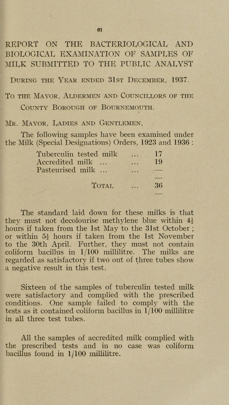 REPORT ON THE BACTERIOEOGICAE AND BIOEOGICAE EXAMINATION OF vSAMPLES OF :\riEK SUBMITTED TO THE PUBLIC ANALYST During the Year ended 3Lst December, 1937. To THE ]\Iayor, Aldermen and Councillors of the County Borough of Bournemouth. Mr. Maa^or, Ladies and Gentlemen, The following samples have been examined under the Milk (Special Designations) Orders, 1923 and 1936 : Tuberculin tested milk 17 Accredited milk ... 19 Pasteurised milk ... — Total 36 The standard laid down for these milks is that they must not decolourise methylene blue within hours if taken from the 1st May to the 31st October ; or within hours if taken from the 1st November to the 30th April. Further, they must not contain coliform bacillus in 1/100 millilitre. The milks are regarded as satisfactory if two out of three tubes show a negative result in this test. Sixteen of the samples of tuberculin tested milk were satisfactory and complied with the prescribed conditions. One sample failed to comply with the tests as it contained coliform bacillus in 1/100 millilitre in all three test tubes. All the samples of accredited milk complied with the prescribed tests and in no case was coliform bacillus found in 1/100 millilitre.