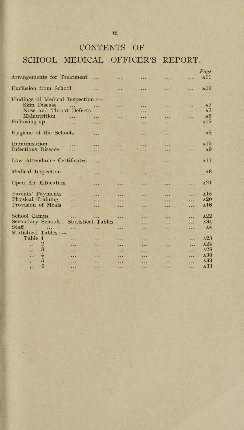 CONTENTS OF SCHOOE MEDICAL OFFICER'S REPORT. Page Arrangements for Treatment ... ... ... ... ... All Exclusion from School ... ... ... ... ... a19 Findings of Medical Inspection ;— Skin Disease ... ... ... ... ... ... a7 Nose and Throat Defects ... ... ... ... a7 Malnutrition ... ... ... ... ... ... .\6 Follo\ving-up ... ... ... ... ... ... a15 Hygiene of the Schools ... ... ... ... ... .^5 Immunisation ... ... ... ... ... ... aIO Infectious Disease ... ... ... ‘ ... ... ... a9 Low Attendance Certificates ... ... ... ... ... .\11 Medical Inspection ... ... ... ... ... ... a6 Open Air Education ... ... ... ... ... a21 Parents’ Payments ... ... ... ... ... ... a15 Physical Training ... ... ... ... ... ... a20 Provision of Meals ... ... ... ... ... ... a16 School Camps ... ... ... ... ... ... a22 Secondary Schools: Statistical Tables ... ... ... a34 Staff ... ... ... ... ... ... ... a4 Statistical Tables ;— Table 1 ... ... ... ... ... ... a23 2 ... ... ... ... ... ... a24 „ 3 ... ... ... ... ... ... a26 „ 4 ... ... ... ... ... ... a30 „ 5 ... ... ... ... ... ... a33 ,, 6 ... ... ... ... ... ... a33