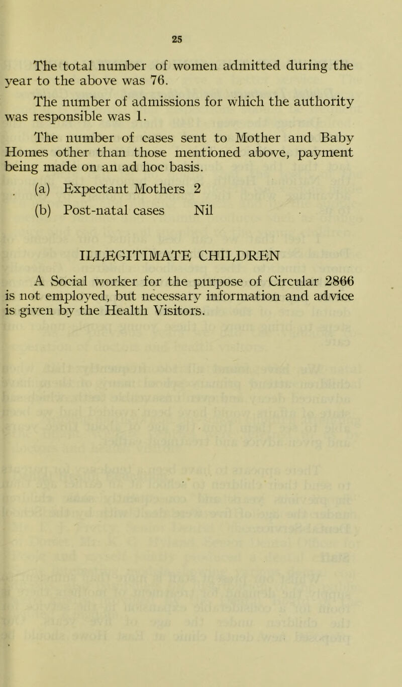 The total number of women admitted during the year to the above was 76. The number of admissions for which the authority was responsible was 1. The number of cases sent to Mother and Baby Homes other than those mentioned above, payment being made on an ad hoc basis. (a) Expectant Mothers 2 (b) Post-natal cases Nil lELEGITIMATE CHILDREN A Social worker for the purpose of Circular 2866 is not employed, but necessary information and advice is given by the Health Visitors.