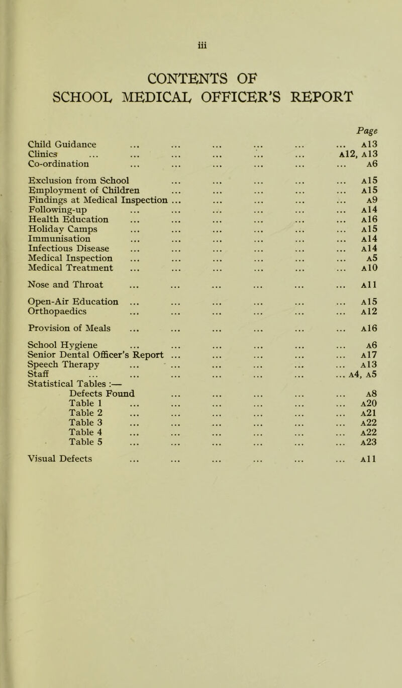 CONTENTS OF SCHOOL MEDICAL OFFICER’S REPORT Page Child Guidance ... ... ... ... ... ... a13 Clinics ... ... ... ... ... ... a12, a13 Co-ordination ... ... ... ... ... ... a6 Exclusion from School ... ... ... ... ... a15 Employment of Children ... ... ... ... ... a15 Findings at Medical Inspection ... ... ... ... ... a9 Following-up ... ... ... ... ... ... a14 Health Education ... ... ... ... ... ... a16 Holiday Camps ... ... ... ... ... ... a15 Immunisation ... ... ... ... ... ... a14 Infectious Disease ... ... ... ... ... ... a14 Medical Inspection ... ... ... ... ... ... a5 Medical Treatment ... ... ... ... ... ... AlO Nose and Throat ... ... ... ... ... ... All Open-Air Education ... ... ... ... ... ... a15 Orthopaedics ... ... ... ... ... ... a12 Provision of Meals ... ... ... ... ... ... a16 School Hygiene ... ... ... ... ... ... a6 Senior Dental Officer’s Report ... ... ... ... ... a17 Speech Therapy ... ... ... ... ... ... a13 Staff ... ... ... ... ... ... ... a4, a5 Statistical Tables :— Defects Found ... ... ... ... ... a8 Table 1 ... ... ... ... ... ... a20 Table 2 ... ... ... ... ... ... a21 Table 3 ... ... ... ... ... ... a22 Table 4 ... ... ... ... ... ... a22 Tables ... ... ... ... ... ... a23 Visual Defects All