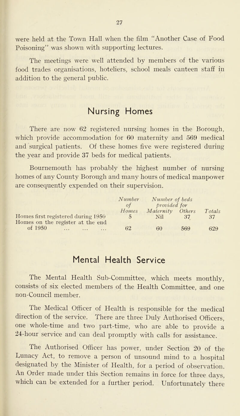 were held at the Town Hall when the film “ Another Case of Food Poisoning” was shown with supporting lectures. The meetings were well attended by members of the various food trades organisations, hoteliers, school meals canteen staff in addition to the general public. Nursing Homes There are now 62 registered nursing homes in the Borough, which provide accommodation for 60 maternity and 569 medical and surgical patients. Of these homes five were registered during the year and provide 37 beds for medical patients. Bournemouth has probably the highest number of nursing homes of any County Borough and many hours of medical manpower are consequently expended on their supervision. Homes first registered during 1950 Homes on the register at the end of 1950 Number Number of beds of provided for Homes Maternity Others Totals 5 Nil 37 37 62 60 569 629 Mental Health Service The Mental Health Sub-Committee, which meets monthly, consists of six elected members of the Health Committee, and one non-Council member. The Medical Officer of Health is responsible for the medical direction of the service. There are three Duly Authorised Officers, one whole-time and two part-time, who are able to provide a 24-hour service and can deal promptly with calls for assistance. The Authorised Officer has power, under Section 20 of the Tunacy Act, to remove a person of unsound mind to a hospital designated by the Minister of Health, for a period of observation. An Order made under this Section remains in force for three days, which can be extended for a further period. Unfortunately there