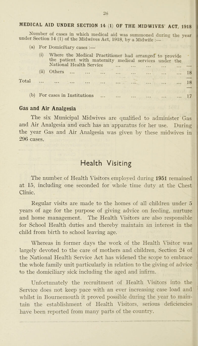 MEDICAL AID UNDER SECTION 14 (1) OF THE MIDWIVES’ ACT, 1918 Number of cases in which medical aid was summoned during the year under Section 14 (1) of the Mid wives Act, 1918, by a Midwife (a) For Domiciliary cases :— (i) Where the Medical Practitioner had arranged to provide the patient with maternity medical services under the National Health Service (ii) Others Total ... 18 18 (b) For cases in Institutions ... ... ... ... ... ... 17 Gas and Air Analgesia The six Municipal Midwives are qualified to administer Gas and Air Analgesia and each has an apparatus for her use. During the year Gas and Air Analgesia was given by these midwives in 296 cases. Health Visiting The number of Health Visitors employed during 1951 remained at 15, including one seconded for whole time duty at the Chest Clinic. Regular visits are made to the homes of all children under 5 years of age for the purpose of giving advice on feeding, nurture and home management. The Health Visitors are also responsible for School Health duties and thereby maintain an interest in the child from birth to school leaving age. Whereas in former days the work of the Health Visitor was largely devoted to the care of mothers and children. Section 24 of the National Health Service Act has widened the scope to embrace the whole family unit particularly in relation to the giving of advice to the domiciliary sick including the aged and infirm. Unfortunately the recruitment of Health \fisitors into the Service does not keep pace with an ever increasing case load and whilst in Bournemouth it proved possible during the year to main- tain the establishment of Health Afisitors, serious deficiencies have been reported from many parts of the country.