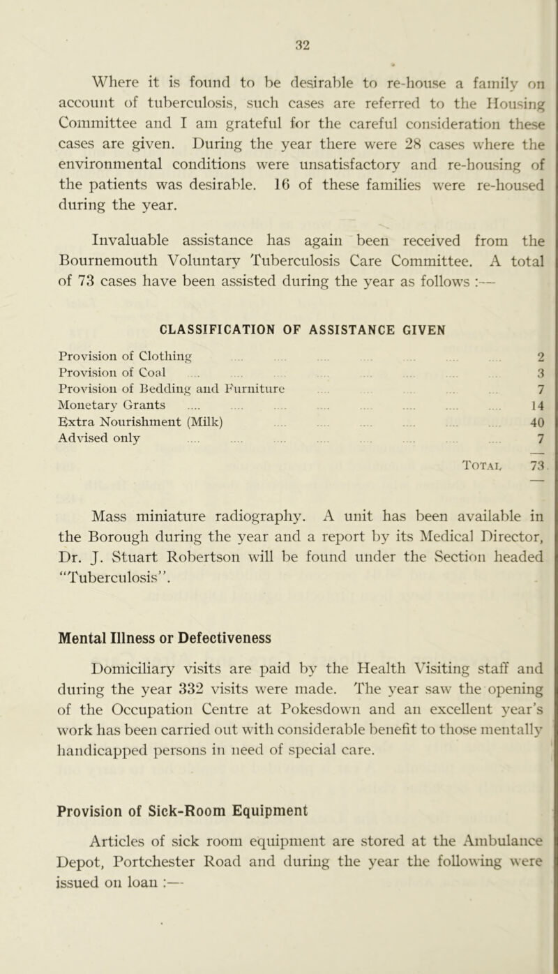 Where it is found to be desirable to re-house a family on account of tuberculosis, such cases are referred to the Housing Committee and I am grateful for the careful consideration these cases are given. During the year there were 28 cases where the environmental conditions were unsatisfactory and re-housing of the patients was desirable. 16 of these families were re-housed during the year. Invaluable assistance has again been received from the Bournemouth Voluntary Tuberculosis Care Committee. A total of 73 cases have been assisted during the year as follows :— CLASSIFICATION OF ASSISTANCE GIVEN Provision of Clothing 2 Provision of Coal . 3 Provision of Bedding and P'nrniture 7 Monetary Grants .... .. . . .... 14 Extra Nourishment (Milk) .. . . . . ... 40 Advised only . ... .. . .... 7 Totai. 73. Mass miniature radiography. A unit has been available in the Borough during the year and a report by its Medical Director, Dr. J. Stuart Robertson will be found under the vSection headed “Tuberculosis”. Mental Illness or Defectiveness Domiciliary visits are paid by the Health Visiting stall and during the year 332 visits were made. The year saw the opening of the Occupation Centre at Pokesdown and an excellent year’s work has been carried out with considerable benefit to those mentally handicapped persons in need of special care. Provision of Sick-Room Equipment Articles of sick room equipment are stored at the Ambulance Depot, Portchester Road and during the year the following were issued on loan :—