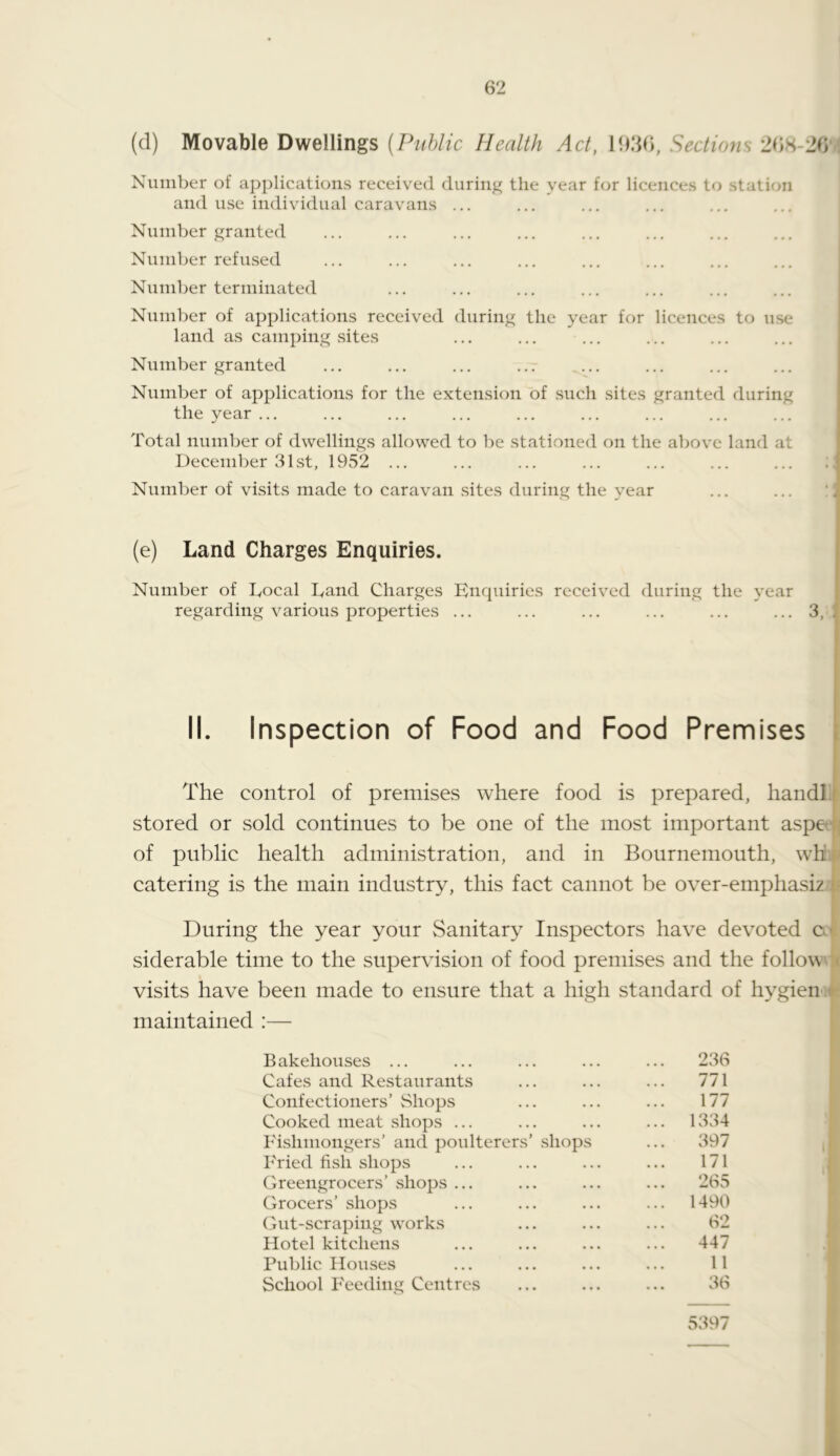 (d) Movable Dwellings (Public Health Act, HKKJ, Sections 26K-26M Number of applications received during the year for licences to station and use individual caravans ... Number granted Number refused Number terminated Number of applications received during the year for licences to use land as camping sites Number granted Number of applications for the extension of .such sites granted during the year ... Total number of dwellings allowed to be stationed on the above land at December 31st, 1952 ... ... ... ... ... ... ... ;; Number of visits made to caravan .sites during the year ... ... (e) Land Charges Enquiries. Number of Docal Dand Charges Enquiries received during the year regarding various properties ... ... ... ... ... ... 3, II. Inspection of Food and Food Premises The control of premises where food is prepared, handll stored or sold continues to be one of the most important aspee of public health administration, and in Bournemouth, whi catering is the main industry, this fact cannot be over-emphasiz^ During the year your Sanitary Inspectors have devoted cc siderable time to the supervision of food premises and the follows visits have been made to ensure that a high standard of hygieni< maintained :— Bakehouses ... ... ... ... ... 236 Cafes and Restaurants ... ... ... 771 Confectioners’ Shops ... ... ... 177 Cooked meat shops ... ... ... ... 1334 I'ishmongers’ and poulterers’ .shops ... 397 I'ried fish shops ... ... ... ... 171 Greengrocers’ shops ... ... ... ... 265 Grocers’ shops ... ... ... ... 1490 Gut-scraping works ... ... ... 62 Hotel kitchens ... ... ... ... 447 Public Houses ... ... ... ... 11 School I'eeding Centres ... ... ... 36 5397