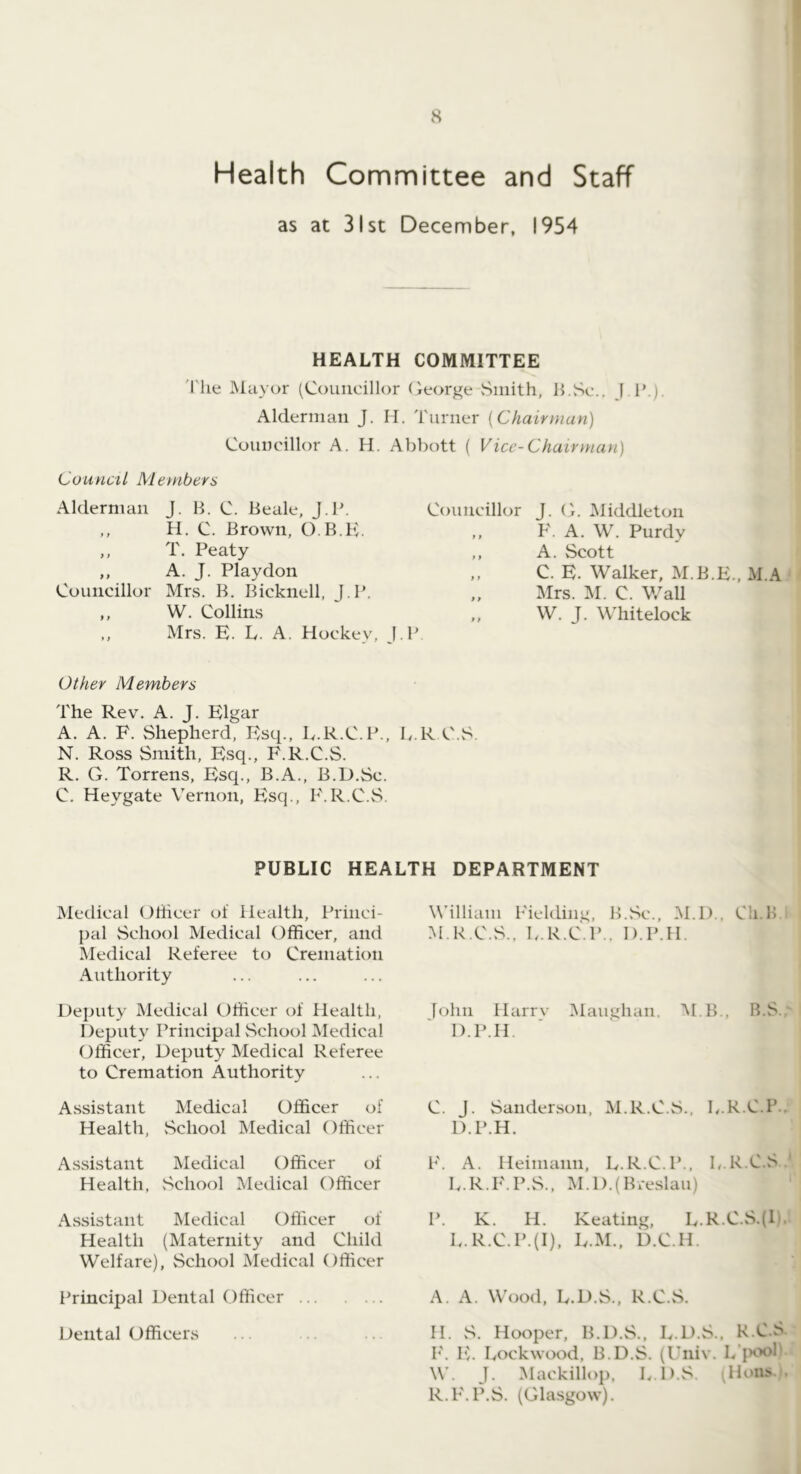 Health Committee and Staff as at 31st December, 1954 HEALTH COMMITTEE 'I'lie IViayor (Councillor Ceorge Smith, 11.Sc.. | 1'.). Alderman J. H. Turner {Chairman) Councillor A. H. Abbott ( Vice-Chairman) Council Members Alderman J. H. C. Beale, J.J\ ,, H. C. Brown, O.B.K. ,, T. Peaty ,, A. J. Playdon Councillor Mrs. B. Bicknell, J.P. „ W. Collins ., Mrs. E. L. A. Hockey, J.P Councillor J. C. Middleton F. A. W. Purdy ,, A. Scott ,, C. E. Walker, M.B.E., M.A „ Mrs. M. C. Wall W. J. Whitelock Other M embers The Rev. A. J. Elgar A. A. F. Shepherd, Esq., E.R.C.P., b.R C.S. N. Ross Smith, Esq., F.R.C.S. R. G. Torrens, Esq., B.A., B.D.Sc. C. Heygate Vernon, Esq., F.R.C.S. PUBLIC HEALTH DEPARTMENT Medical Oilicer of Health, Princi- pal School Medical Officer, and Medical Referee to Cremation Authority Deputy Medical Officer of Health, Deputy Principal School Medical Officer, Deputy Medical Referee to Cremation Authority Assistant Medical Officer of Health, vSchool Medical Officer Assistant Medical Officer of Health, School Medical Officer Assistant Medical Officer of Health (Maternity and Child Welfare), School Medical Officer Principal Dental Officer Dental Officers William Fielding, B.vSc., *M.D.. Ch.H M.R.C.S.. b.R.C.P.. D.P.H. Tohn Harrv Maughan. MB., B.S..' D.P.H. C. J. Sanderson, M.R.C.S., b.R.C.P.. D.P.H. F. A. Heimann, L.R.C.P.. F.R.C.S.' D.R.F.P.S., M.D.(Breslau) P. K. H. Keating, L.R.C.vS.(l). L.R.C.P.(I), D.M., D.C.H. A. A. Wood, L.D.S., R.C.vS. H. S. Hooper, B.D.S., L.D.S., R.C.S I'. IC. Lockwood, B.D.S. (Univ. L’ihx)!! W. J. Mackillop, L.D.S. ^Hons.i. R. F. P.S. (Glasgow).