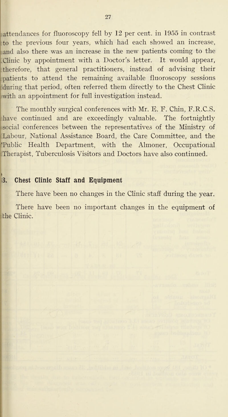 , attendances for fluoroscopy fell by 12 per cent, in 1955 in contrast to the previous four years, which had each showed an increase, I and also there was an increase in the new patients coming to the Clinic by appointment with a Doctor’s letter. It would appear, therefore, that general practitioners, instead of advising their j patients to attend the remaining available fluoroscopy sessions I during that period, often referred them directly to the Chest Clinic with an appointment for full investigation instead. The monthly surgical conferences with Mr. E. F. Chin, F.R.C.vS. j have continued and are exceedingly valuable. The fortnightly social conferences between the representatives of the Ministry of Labour, National Assistance Board, the Care Committee, and the ‘Public Health Department, with the Almoner, Occupational Therapist, Tuberculosis Visitors and Doctors have also continued. 3. Chest Clinic Staff and Equipment There have been no changes in the Clinic staff during the year. There have been no important changes in the equipment of the Clinic. !