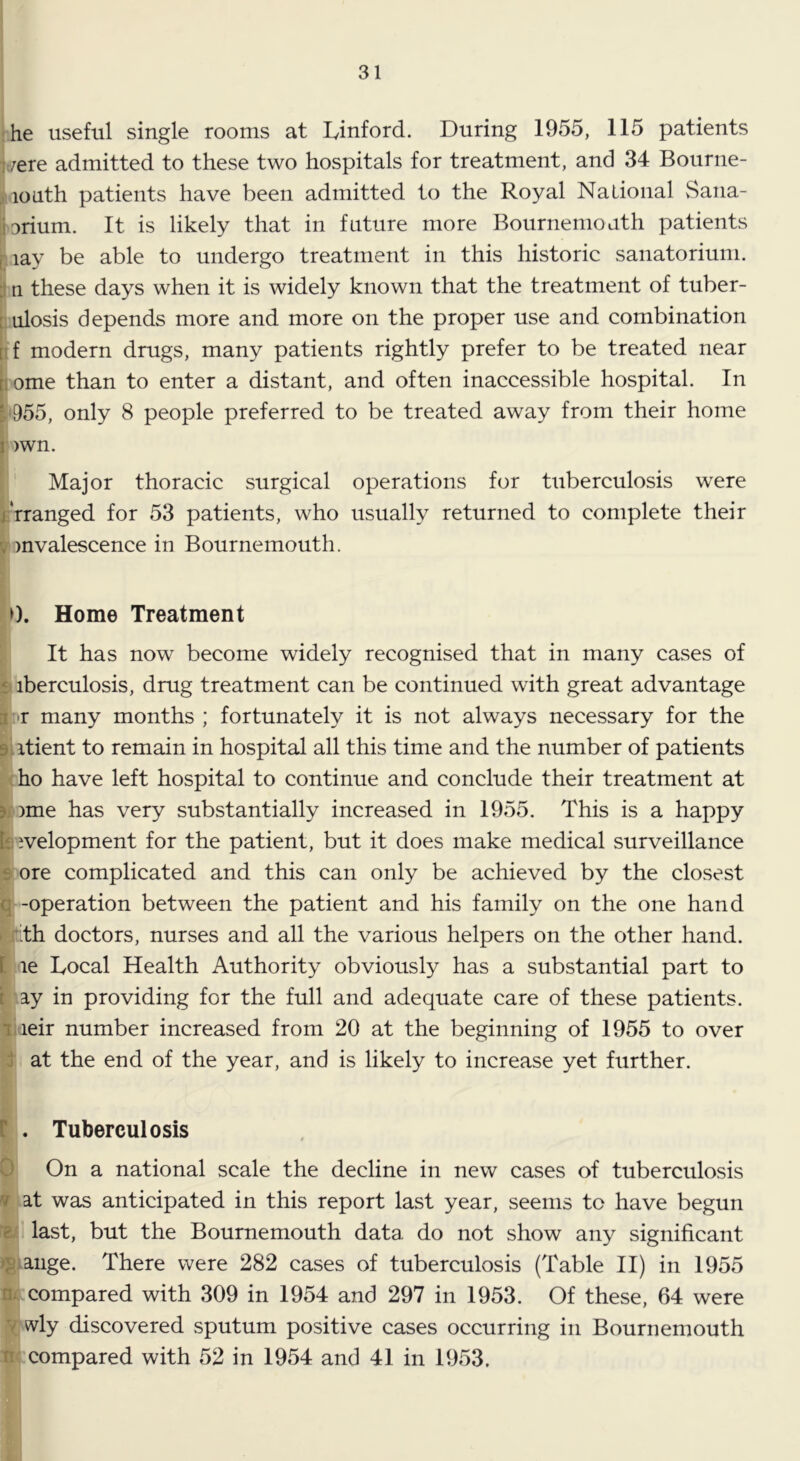 :he useful single rooms at Linford. During 1955, 115 patients ]t/ere admitted to these two hospitals for treatment, and 34 Bourne- louth patients have been admitted to the Royal National vSana- prium. It is likely that in future more Bournemouth patients lay be able to undergo treatment in this historic sanatorium. :t n these days when it is widely known that the treatment of tuber- [. ulosis depends more and more on the proper use and combination [if modern drugs, many patients rightly prefer to be treated near borne than to enter a distant, and often inaccessible hospital. In b955, only 8 people preferred to be treated away from their home I )wn. , I '' Major thoracic surgical operations for tuberculosis were arranged for 53 patients, who usually returned to complete their V mvalescence in Bournemouth. 0. Home Treatment It has now become widely recognised that in many cases of ft iberculosis, drug treatment can be continued with great advantage i’tr many months ; fortunately it is not always necessary for the 9iitient to remain in hospital all this time and the number of patients (ho have left hospital to continue and conclude their treatment at >j )me has very substantially increased in 1955. This is a happy h ivelopment for the patient, but it does make medical surveillance 9 ore complicated and this can only be achieved by the closest q -operation between the patient and his family on the one hand t r:th doctors, nurses and all the various helpers on the other hand. [ le Local Health Authority obviously has a substantial part to t ay in providing for the full and adequate care of these patients, lideir number increased from 20 at the beginning of 1955 to over d at the end of the year, and is likely to increase yet further. r . Tuberculosis 0 On a national scale the decline in new cases of tuberculosis V at was anticipated in this report last year, seems to have begun '8/ last, but the Bournemouth data do not show any significant jg^ange. There were 282 cases of tuberculosis (Table II) in 1955 n. compared with 309 in 1954 and 297 in 1953. Of these, 64 were V wly discovered sputum positive cases occurring in Bournemouth n: compared with 52 in 1954 and 41 in 1953.