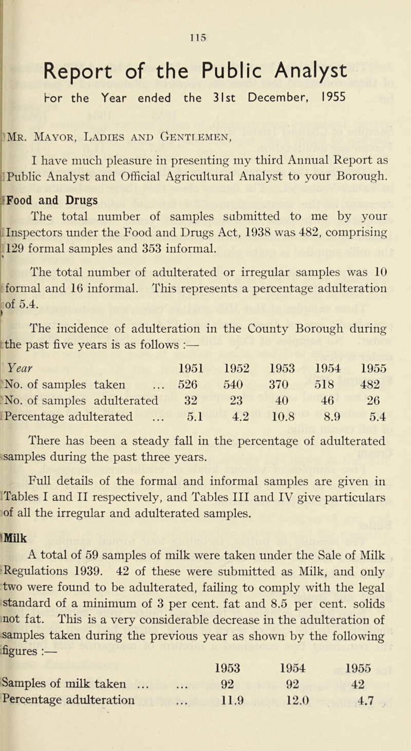 I 115 Report of the Public Analyst hor the Year ended the 31st December, 1955 Mr. Mayor, Ladies and Gentiemen, I have much pleasure in presenting my third Annual Report as i Public Analyst and Official Agricultural Analyst to your Borough. :lFood and Drugs The total number of samples submitted to me by your [.Inspectors under the Food and Drugs Act, 1938 was 482, comprising ! 129 formal samples and 353 informal. The total number of adulterated or irregular samples was 10 formal and 16 informal. This represents a percentage adulteration of 5.4. ► The incidence of adulteration in the County Borough during f the past five years is as follows :— Year 1951 1952 1953 1954 1955 No. of samples taken 526 540 370 518 482 No. of samples adulterated 32 23 40 46 26 Percentage adulterated 5.1 4.2 10.8 8.9 5.4 There has been a steady fall in the percentage of adulterated samples during the past three years. Full details of the formal and informal samples are given in Tables I and II respectively, and Tables III and IV give particulars of all the irregular and adulterated samples. 'Milk A total of 59 samples of milk were taken under the Sale of Milk Regulations 1939. 42 of these were submitted as Milk, and only two were found to be adulterated, failing to comply with the legal standard of a minimum of 3 per cent, fat and 8.5 per cent, solids not fat. This is a very considerable decrease in the adulteration of samples taken during the previous year as shown by the following figures :— 1953 1954 1955 Samples of milk taken ... ... 92 92 42 Percentage adulteration ... 11.9 12.0 4.7 ,