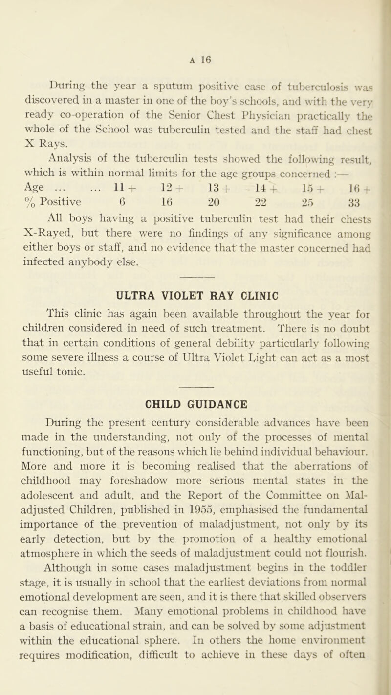 During the year a sputum positive case of tuberculosis was discovered in a master in one of the boy's schools, and with the very ready co-operation of the Senior Chest Physician practically the whole of the School was tuberculin tested and the staff had chest X Rays. Analysis of the tuberculin tests showed the following result, which is within normal limits for the age groups concerned ;— Age 11+ 12+ 13 i 14+ 15+ 16 + % Positive 6 16 20 22 25 33 All boys having a positive tuberculin test had their chests X-Rayed, but there were no findings of any significance among either boys or staff, and no evidence that the master concerned had infected anybody else. ULTRA VIOLET RAY CLINIC This clinic has again been available throughout the year for children considered in need of such treatment. There is no doubt that in certain conditions of general debility particularly following some severe illness a course of Ultra Violet Right can act as a most useful tonic. CHILD GUIDANCE During the present century considerable advances have been made in the understanding, not only of the processes of mental functioning, but of the reasons which lie behind individual behaviour. More and more it is becoming realised that the aberrations of childhood may foreshadow more serious mental states in the adolescent and adult, and the Report of the Committee on Mal- adjusted Children, published in 1955, emphasised the fundamental importance of the prevention of maladjustment, not only by its early detection, but by the promotion of a healthy emotional atmosphere in which the seeds of maladjustment could not flourish. Although in some cases maladjustment begins in the toddler stage, it is usually in school that the earliest deviations from normal emotional development are seen, and it is there that skilled obser\’ers can recognise them. Many emotional problems in childhood have a basis of educational strain, and can be solved by some adjustment within the educational sphere. In others the home environment requires modification, difficult to achieve in these days of often