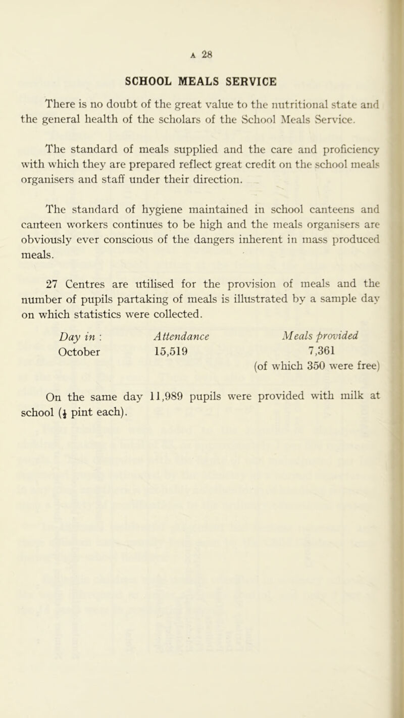 SCHOOL MEALS SERVICE There is no doubt of the great value to the nutritional state and the general health of the scholars of the School Meals Service, The standard of meals supplied and the care and proficiency with which they are prepared reflect great credit on the school meals organisers and staff under their direction. The standard of hygiene maintained in school canteens and canteen workers continues to be high and the meals organisers are obviously ever conscious of the dangers inherent in mass produced meals. 27 Centres are utilised for the provision of meals and the number of pupils partaking of meals is illustrated by a sample day on which statistics were collected. Day in : Attendance Meals provided October 15,519 7,361 (of which 350 were free) On the same day 11,989 pupils were provided with milk at school pint each).