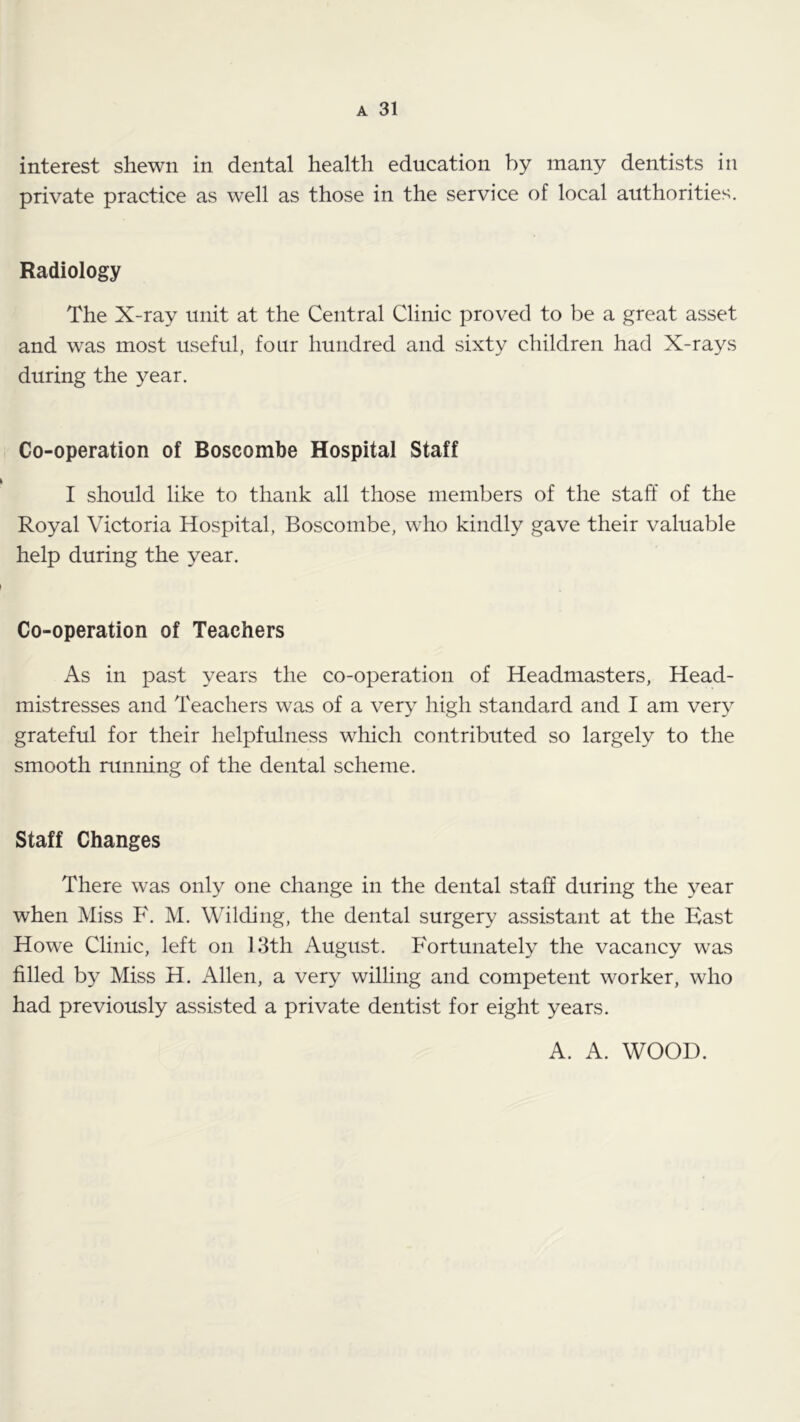 interest shewn in dental health education by many dentists in private practice as well as those in the service of local authorities. Radiology The X-ray unit at the Central Clinic proved to be a great asset and was most useful, four hundred and sixty children had X-rays during the year. , Co-operation of Boscombe Hospital Staff I should like to thank all those members of the staff of the Royal Victoria Hospital, Boscombe, who kindly gave their valuable help during the year. Co-operation of Teachers As in past years the co-operation of Headmasters, Head- mistresses and Teachers was of a very high standard and I am ver}^ grateful for their helpfulness which contributed so largely to the smooth running of the dental scheme. Staff Changes There was only one change in the dental staff during the year when Miss F. M. Wilding, the dental surgery assistant at the East Howe Clinic, left on 13th August. Fortunately the vacancy was filled by Miss H. Allen, a very willing and competent worker, who had previously assisted a private dentist for eight years. A. A. WOOD.