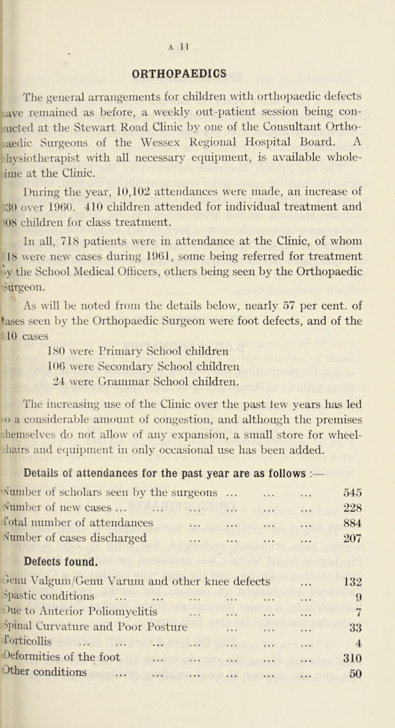 ORTHOPAEDICS The general arrangeiiieiits for children with orthopaedic defects ■ ave reniained as before, a weekly out-patient session being con- ' acted at the vStewart Road Clinic by one of the Consultant Ortho- aedic Surgeons of the Wessex Regional Hosjhtal Board. A hysiotherapist with all necessary eciuipnient, is available whole- iiiie at the Clinic. During the year, 10,102 attendances were made, an increase of 30 over lOOO. dlO children attended for individual treatment and 08 children for class treatment. In all, 718 patients were in attendance at the Clinic, of whom '18 were new cases during 1901, some being referred for treatment •y the School Medical Officers, others being seen by the Orthopaedic ffirgeon. As will ])e noted from the details below, nearly 57 per cent, of ffises seen by the Orthopaedic Surgeon were foot defects, and of the i 'lO cases 180 were Primary vSchool children 100 were Secondary vSchool children 24 were Grammar vSchool children. The increasing use of the Clinic over the past few years has led ' () a considerable amount of congestion, and although the premises liemselves do not allow of any expansion, a small store for wheel- hairs and e(|uipment in only occasional use has been added. Details of attendances for the past year are as follows :— Aumber of scholars seen by the surgeons ... ... ... 545 ffirnber of new cases ... ... ... ... ... ... 228 Total number of attendances ... ... ... ... 884 'dumber of cases discharged ... ... ... ... 207 Defects found. jeiiu Valgum/Genu Varum and other knee defects ... 132 Spastic conditions ... ... ... ... ... ... 9 due to iVnterior Poliomyelitis ... ... ... ... 7 spinal Curvature and Poor Posture ... ... ... 33 rorticollis 4 Deformities of the foot 310 ‘dther conditions 50