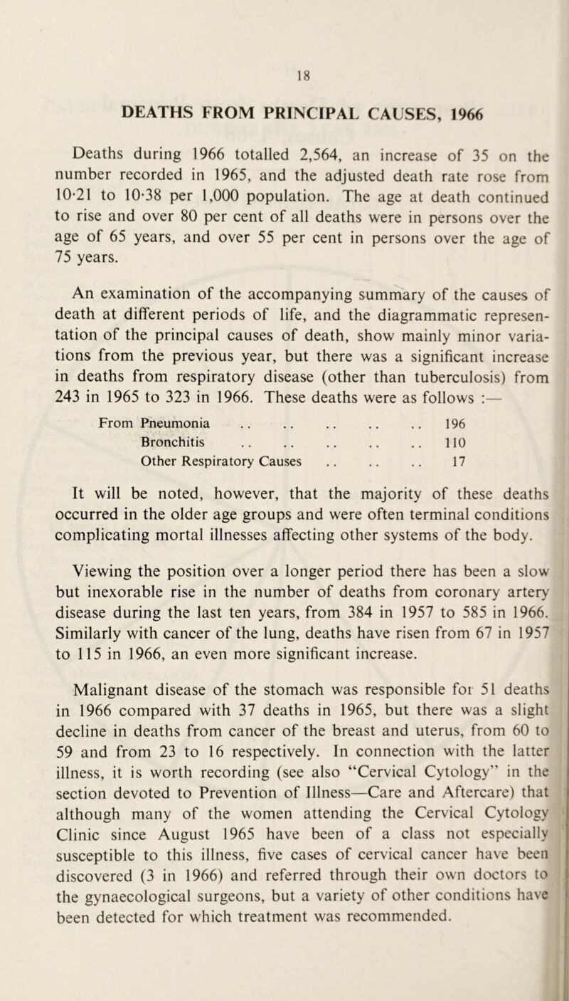 DEATHS FROM PRINCIPAL CAUSES, 1966 Deaths during 1966 totalled 2,564, an increase of 35 on the number recorded in 1965, and the adjusted death rate rose from 10-21 to 10-38 per 1,000 population. The age at death continued to rise and over 80 per cent of all deaths were in persons over the age of 65 years, and over 55 per cent in persons over the age of 75 years. An examination of the accompanying summary of the causes of death at different periods of life, and the diagrammatic represen- tation of the principal causes of death, show mainly minor varia- tions from the previous year, but there was a significant increase in deaths from respiratory disease (other than tuberculosis) from 243 in 1965 to 323 in 1966. These deaths were as follows :— From Pneumonia .. .. .. .. .. 196 Bronchitis 110 Other Respiratory Causes ., .. .. 17 It will be noted, however, that the majority of these deaths occurred in the older age groups and were often terminal conditions complicating mortal illnesses affecting other systems of the body. Viewing the position over a longer period there has been a slow but inexorable rise in the number of deaths from coronary artery disease during the last ten years, from 384 in 1957 to 585 in 1966. Similarly with cancer of the lung, deaths have risen from 67 in 1957 to 115 in 1966, an even more significant increase. Malignant disease of the stomach was responsible for 51 deaths in 1966 compared with 37 deaths in 1965, but there was a slight decline in deaths from cancer of the breast and uterus, from 60 to 59 and from 23 to 16 respectively. In connection with the latter illness, it is worth recording (see also “Cervical Cytology” in the section devoted to Prevention of Illness—Care and Aftercare) that although many of the women attending the Cervical Cytology Clinic since August 1965 have been of a class not especially susceptible to this illness, five cases of cervical cancer have been discovered (3 in 1966) and referred through their own doctors to the gynaecological surgeons, but a variety of other conditions have been detected for which treatment was recommended.