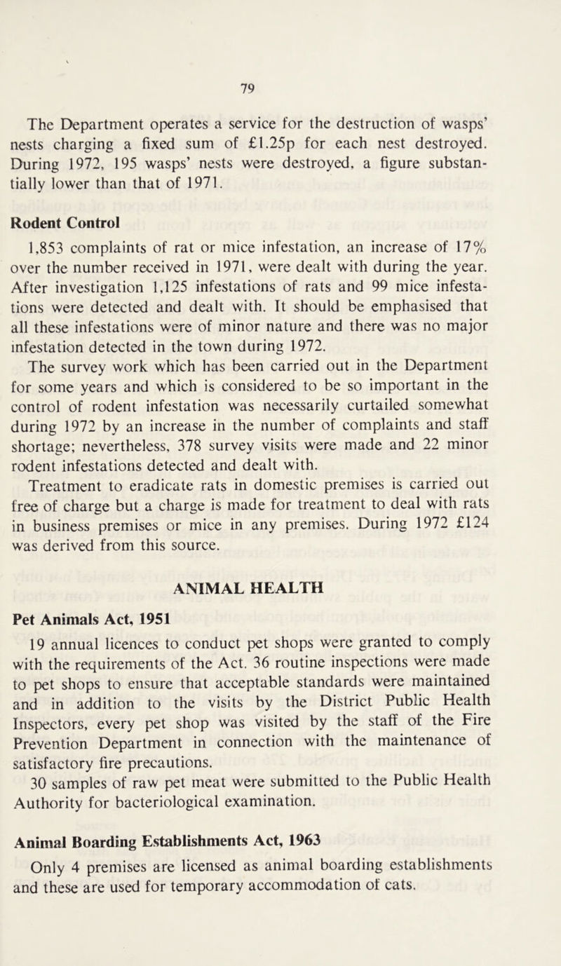 The Department operates a service for the destruction of wasps’ nests charging a fixed sum of £1.25p for each nest destroyed. During 1972, 195 wasps’ nests were destroyed, a figure substan- tially lower than that of 1971. Rodent Control 1,853 complaints of rat or mice infestation, an increase of 17% over the number received in 1971, were dealt with during the year. After investigation 1,125 infestations of rats and 99 mice infesta- tions were detected and dealt with. It should be emphasised that all these infestations were of minor nature and there was no major infestation detected in the town during 1972. The survey work which has been carried out in the Department for some years and which is considered to be so important in the control of rodent infestation was necessarily curtailed somewhat during 1972 by an increase in the number of complaints and staff shortage; nevertheless, 378 survey visits were made and 22 minor rodent infestations detected and dealt with. Treatment to eradicate rats in domestic premises is carried out free of charge but a charge is made for treatment to deal with rats in business premises or mice in any premises. During 1972 £124 was derived from this source. ANIMAL HEALTH Pet Animals Act, 1951 19 annual licences to conduct pet shops were granted to comply with the requirements of the Act. 36 routine inspections were made to pet shops to ensure that acceptable standards were maintained and in addition to the visits by the District Public Health Inspectors, every pet shop was visited by the staff of the Fire Prevention Department in connection with the maintenance of satisfactory fire precautions. 30 samples of raw pet meat were submitted to the Public Health Authority for bacteriological examination. Animal Boarding Establishments Act, 1963 Only 4 premises are licensed as animal boarding establishments and these are used for temporary accommodation of cats.
