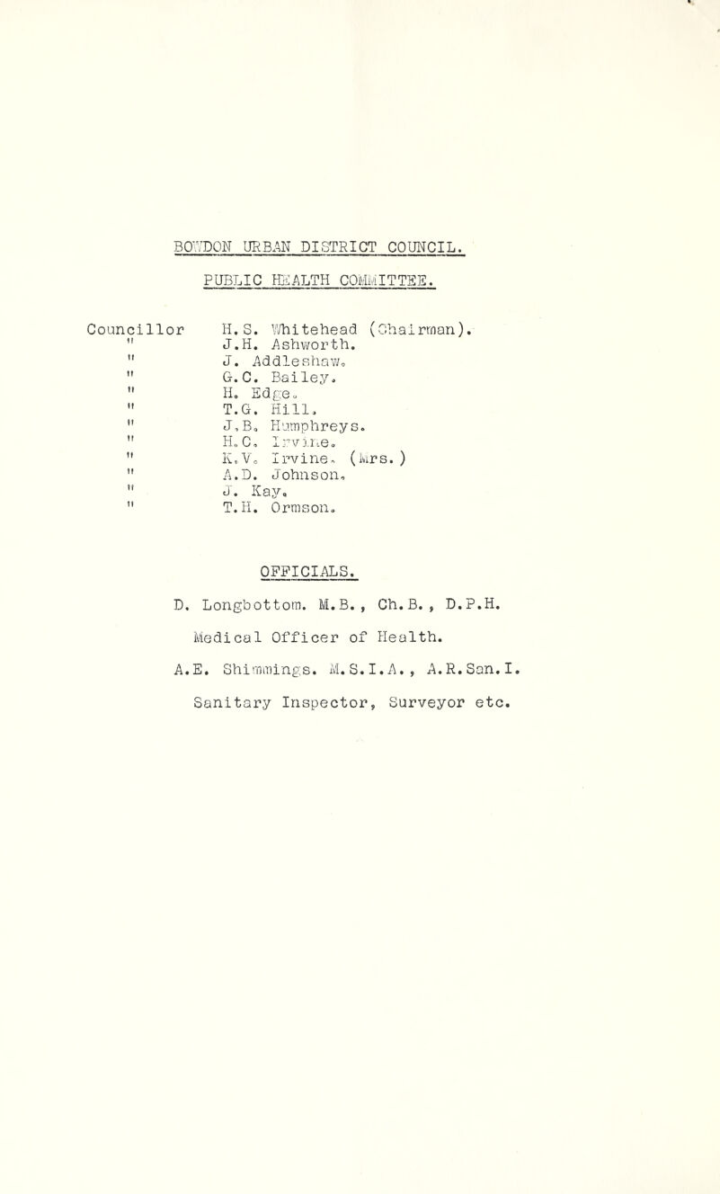 PUBLIC ffiiALTH COMMITTEE. Councillor H, S. ^Thitehead (Chairman). ” J.H. Ashworth.  J. AddleshaWo  G.C. Bailey.  H. EdgCo  T.G. Hill.  Jo Bo Humphreys.  HoC, Irvj.iLe. ” Iv.Vo Irvine. (Mrs. )  A.D. Johnson,  J. Kay,  T.H. Ormson. OFFICIALS. D, Longbottom. M.B., Ch.B., D.P.H. Medical Officer of Health. A.E. Shimmings. M.S.I.A., A.R.San.I. Sanitary Inspector, Surveyor etc.