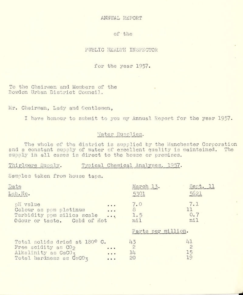 IL-' lU ANNUAL REPORT of'the To the Chairman and Members of the Bowdon Urban District Council. Mr. Chairman, Lady and Gentlemen, I have honour to submit to you rny Annual Report for the year 1957. ’later Supplies. The v^rhole of the district is supplied by the Manchester Corporation and a constant supply of water of excellent quality is maintained. The supply in all cases is direct to the house or premises. Thirimere Supply, Typical Chemical Analyses. 1957. Samples taken from house taps. ate a b. N o. pH value Colour as ppm platinum Turbidity ppm silica scale Odour or taste. Cold of Hot Total solids dried at 180° C. Free acidity as CO2 Alkalinity as CaCO^ Total hardness as CaCO^ March ,13. Sept. 11 .^301 5621 7.0 7.1 8 11 1.5 0.7 nil nil Parts per million. 43 41 2 2 14 15 20 19