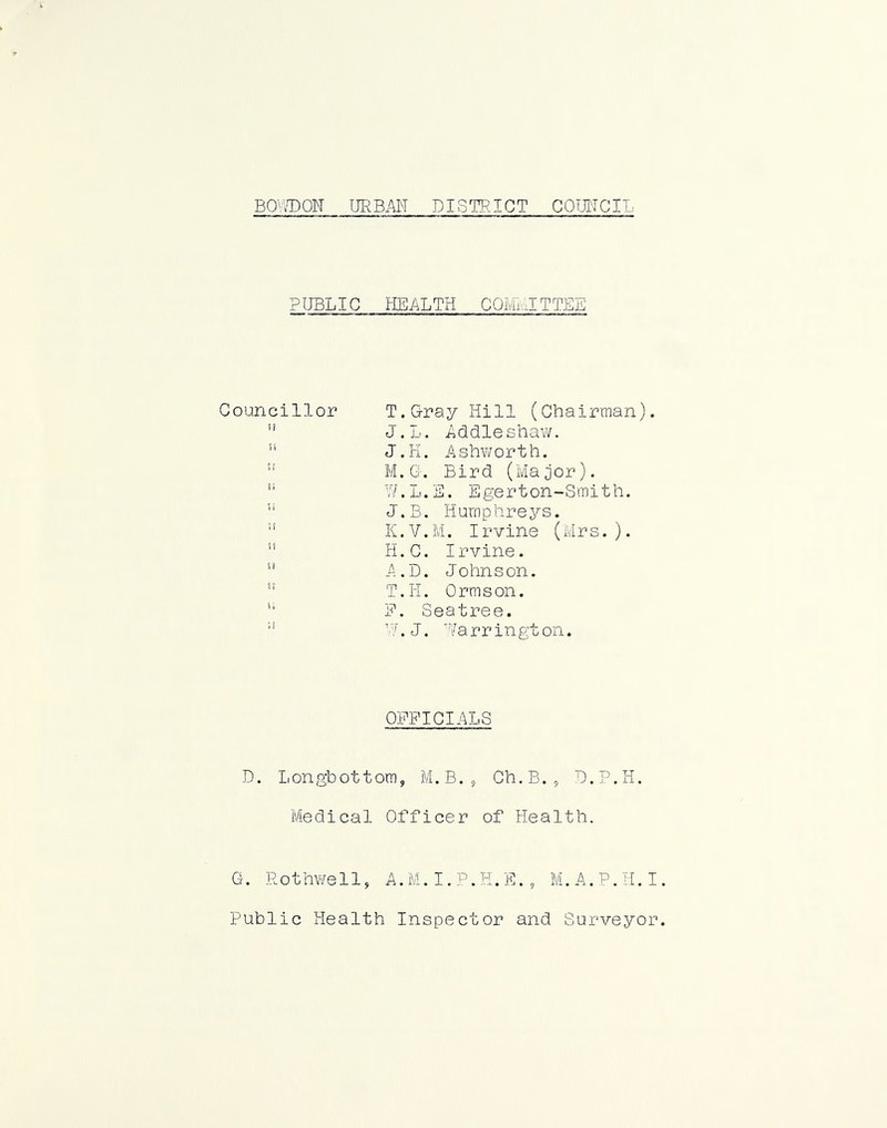 PUBLIC HEALTH COMMITTEE Councillor T.&ray Hill (Chairman). ” J.L. AddleShaw.  J.H. Ashworth.  M.G'. Bird (Major).  W.L.E. Egerton-Smith. J.B. Humphreys. ■' K. V. M. I rvine (Mrs. ).  H.C. Irvine. ” A.D. Johnson. ” T.Ii. Ormson. '■ E. Seatree. ” V/.J. Tarrington. OFFICIALS D. Longbottom, M.B., Ch.B., D.P.H. Medical Officer of Health. G. Rothwell, A.M.I.P.H.E., M.A.P.H.I Public Health Inspector and Surveyor