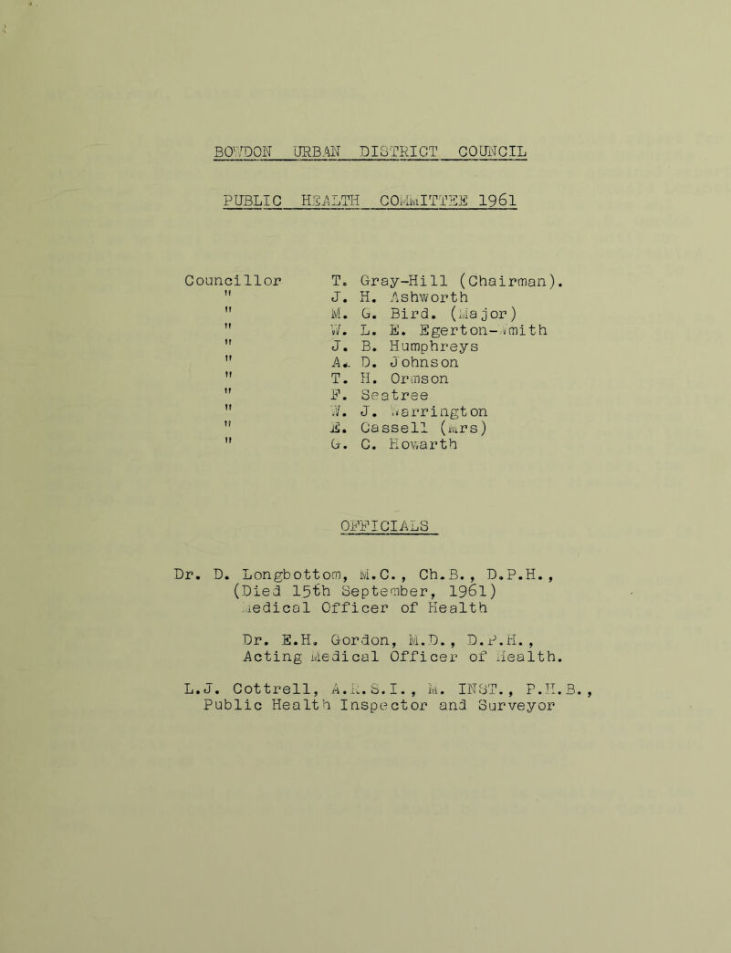 BOWDON 'ORBAN DISTRICT COUNCIL PUBLIC H.SALTH COMiviITTrgB 1961 Councillor T. Gray-Hill (Chairman). J. H. /iShworth M. G, Bird, (iiajor) V/, L. E. Egerton—-i/mi th J. B. Humphreys A4. D. Johnson T. H. Ormson R. Seatrse V/, J. VV a rr i ngt on E. Cassell (ivirs) G. C. Eo\varth OFFICIALS Dr. D. Longbottom, M.C., Ch.B., D.P.H., (Died 15th September, 1961) :.iedical Officer of Health Dr. S.H. Gordon, M.D., D.P.H., Acting wledical Officer of Health. L.J. Cottrell, A.R.S.I., k. INST., P.II.B. , Public Health Inspector and Surveyor