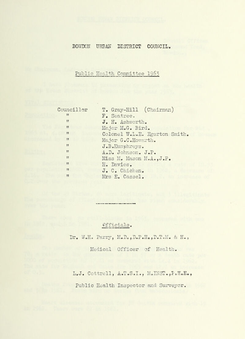 BOm)N UKBAIT DISTRICT COUNCIL Public Health ComKiittee I963 Couracillor T, Gray-Hill (Chairman)  F. Seatreeo  H. Ashworth.  Major MoG. Bird,  Colonel W.L.E. Sgerton Smith  Ma.j or G. C. Howa.rth,  J. B o Euffi.phr ey s,  A.D. Johnson. J.P.  Miss M, Mason M,A.,J.P*  H. Davies,  J, C, Chicken.  Mrs E. Cassel, Officials. Dr. 7/,He Parrjrj M.Do jD.P.Hc jD.T.M, & H. Medical Officer of Health, L.J, Cottrell, A.T.S.I.j M.INST. ,PaHcE Public Health Inspector and Surveyor.