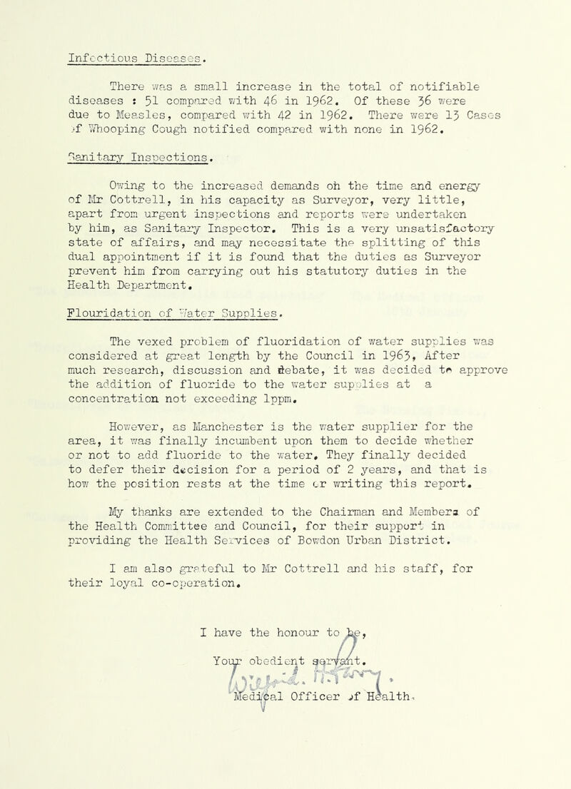 Infoctioiis Diseases. There was a small increase in the total of notifiable diseases ; 51 compared v/ith 46 in I962. Of these 56 7/ere due to Measles, compared v/ith 42 in I962. There v/ere 15 Casos jf lidiooping Cough notified compared with none in I962. Canitary Inspections. Owing to the increased demands oh the time and energy of Mr Cottrell, in his capacity as Surveyor, very little, apart from urgent inspections and reports were undertaken by him, as Sanitary Inspector, This is a very imsatisfactory state of affairs, and may necessitate the splitting of this dual appointment if it is found that the duties as Surveyor prevent him from carrying out his statutory duties in the Health Department, Flouridation of '-Tater Supplies. The vexed problem of fluoridation of water supplies v;as considered at great length by the Council in I965, After much research, discussion and debate, it was decided t^ approve the addition of fluoride to the water supplies at a concentration not exceeding Ippm, Hov/ever, as Manchester is the water supplier for the area, it was finally incumbent upon them to decide whether or not to add fluoride to the water. They finally decided to defer their decision for a period of 2 years, and that is how the position rests at the time or writing this report. My thanks are extended to the Chairman and Members of the Health Committee and Council, for their support in providing the Health Services of Bowdon Urba,n District. I am also grateful to Mr Cottrell and his staff, for their loyal co-operation.