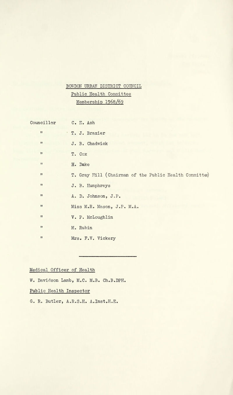 BOVroON UKBM DISTRICT COIMCIL Public Health Committee Membership I968/69 Councillor C, E. Ash  ' T. J. Brazier  J. B. Chadwick  T. Cox  H. Duke  T. Gray Rill (Chairman of the Public Health Committee)  J. B. Humphreys  A. D. Johnson, J.P.  Miss M.R. Mason, J.P. M.A.  V. P. McLoughlin  M. Rubin  Mrs. F.V. Vickery Medical Officer of Health W. Davidson Lamb, M.C. M.B. Ch.B.DPH. Public Health Inspector G. R. Butler, A.R.S.H. A.Inst.H.E.